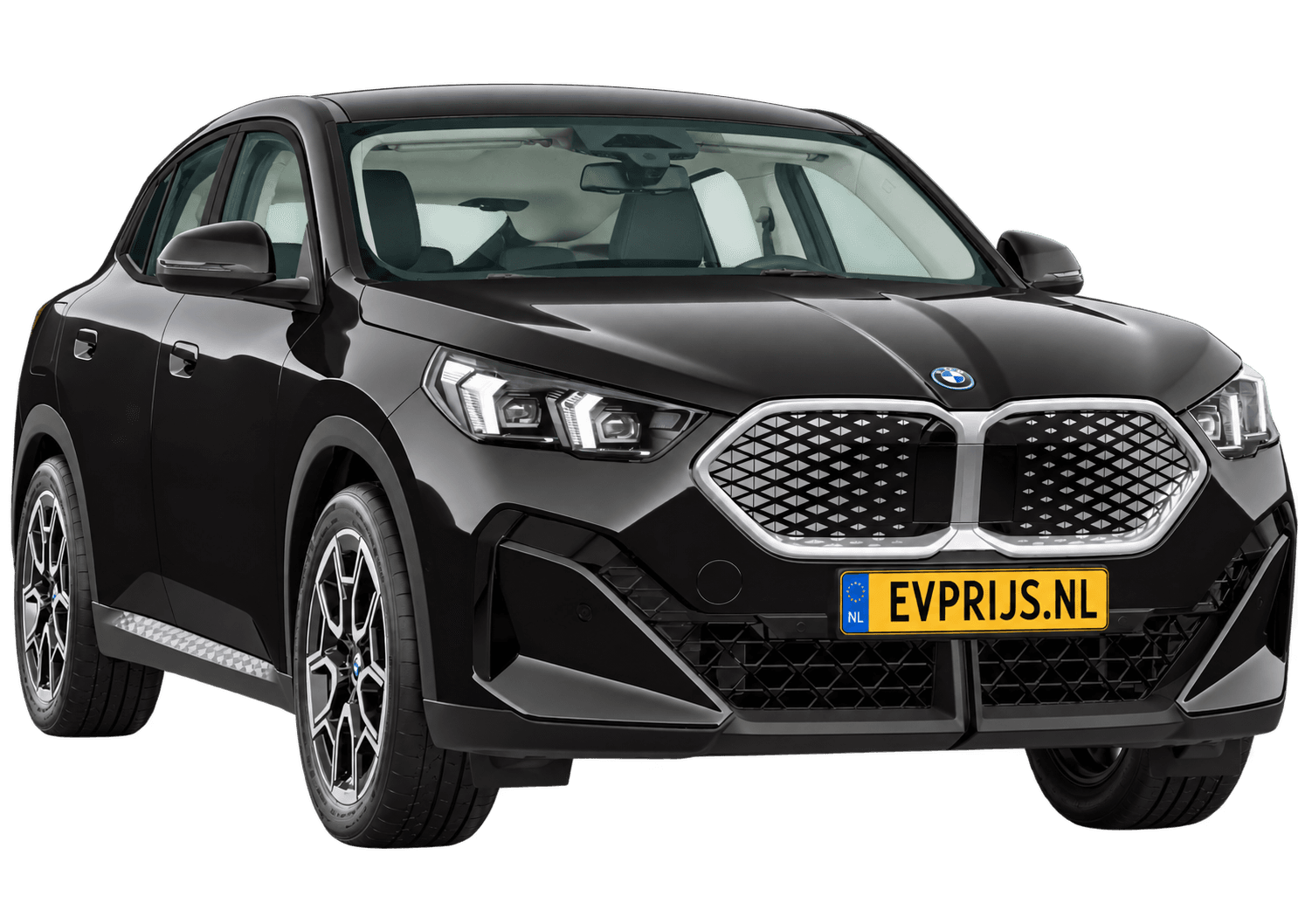 AI-bewerking (Imagegen) van officieel BMW Nederland-configuratorbeeld: iX2 voor-/zijaanzicht in Saphirschwarz metallic (configuratie BMW iX2 eDrive20 Standaarduitvoering); velgen en details kunnen per uitvoering afwijken, beeld 5