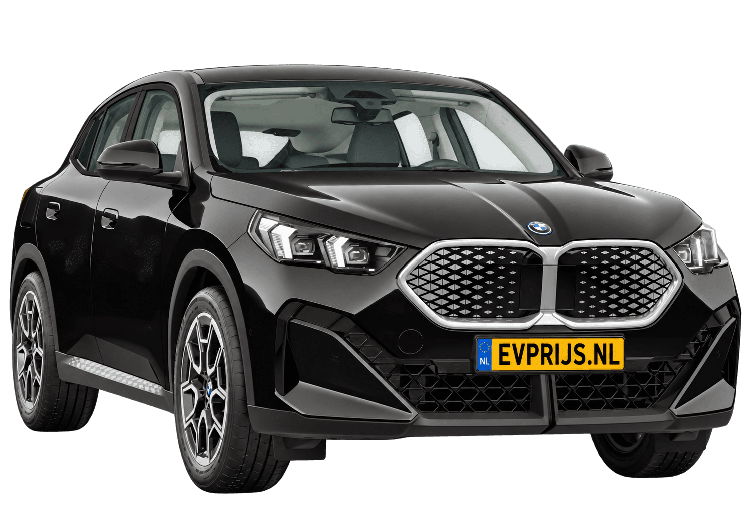 AI-bewerking (Imagegen) van officieel BMW Nederland-configuratorbeeld: iX2 voor-/zijaanzicht in Schwarz uni (configuratie BMW iX2 eDrive20 Standaarduitvoering); uitvoering en velgen kunnen afwijken, beeld 4