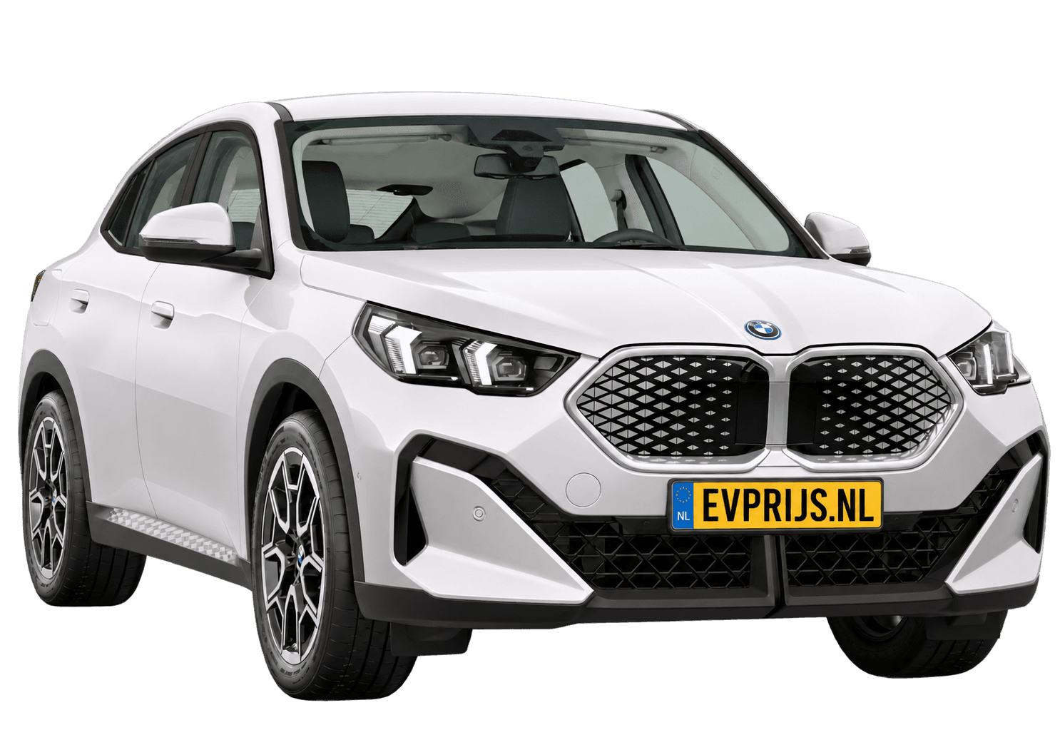 AI-bewerking (Imagegen) van officieel BMW Nederland-configuratorbeeld: iX2 voor-/zijaanzicht in Mineralweiss metallic (configuratie BMW iX2 eDrive20 Standaarduitvoering); uitvoering en velgen kunnen afwijken, beeld 6