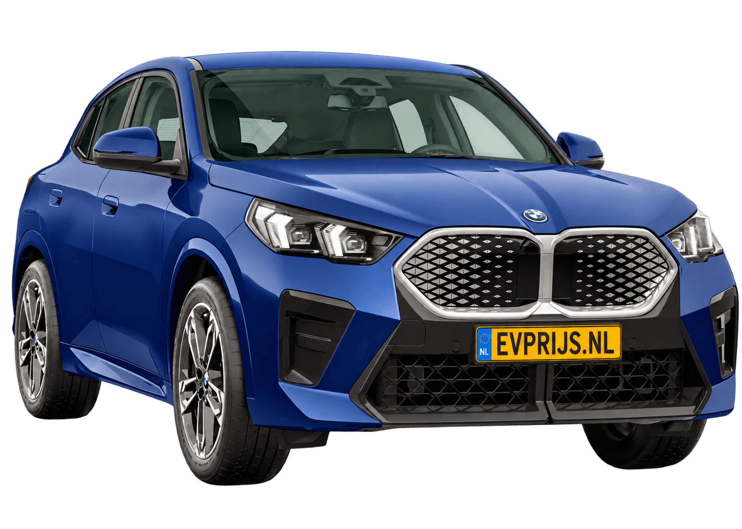 AI-bewerking (Imagegen) van officieel BMW Nederland-configuratorbeeld: iX2 voor-/zijaanzicht in M Portimao Blau (configuratie BMW iX2 eDrive20 Standaarduitvoering, door de configurator aangepast voor deze lak); kleurverzadiging kan afwijken; velgen en details kunnen per uitvoering afwijken, beeld 8