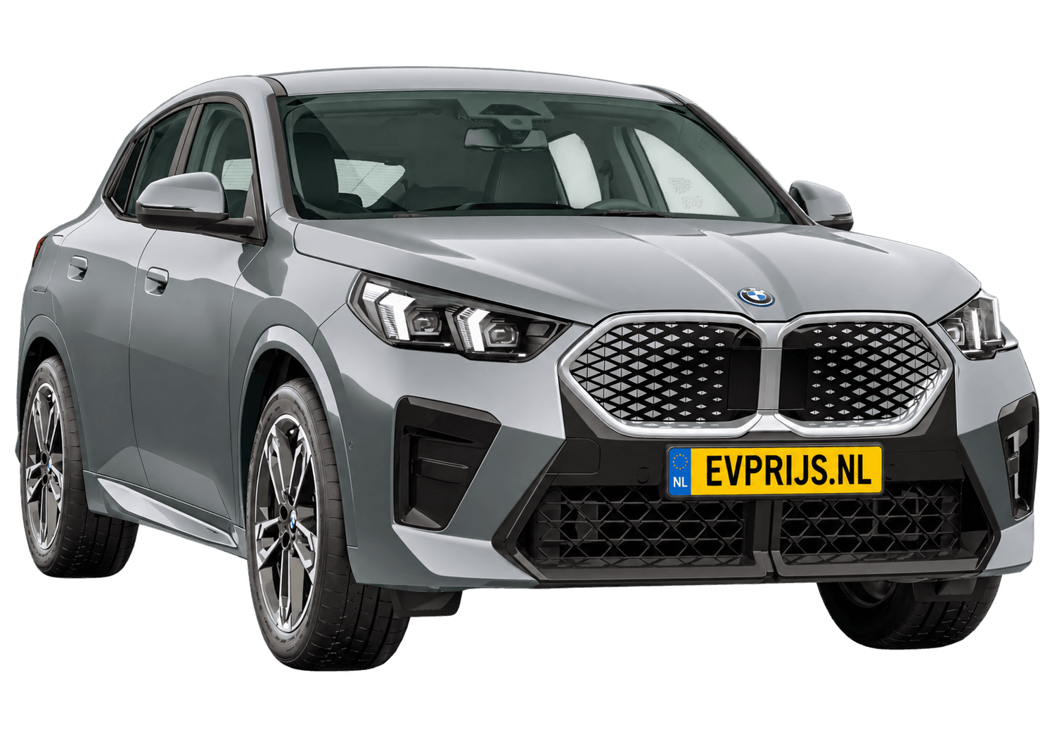 AI-bewerking (Imagegen) van officieel BMW Nederland-configuratorbeeld: iX2 voor-/zijaanzicht in Skyscraper Grey metallic (configuratie BMW iX2 eDrive20 Standaarduitvoering); velgen en details kunnen per uitvoering afwijken, beeld 10