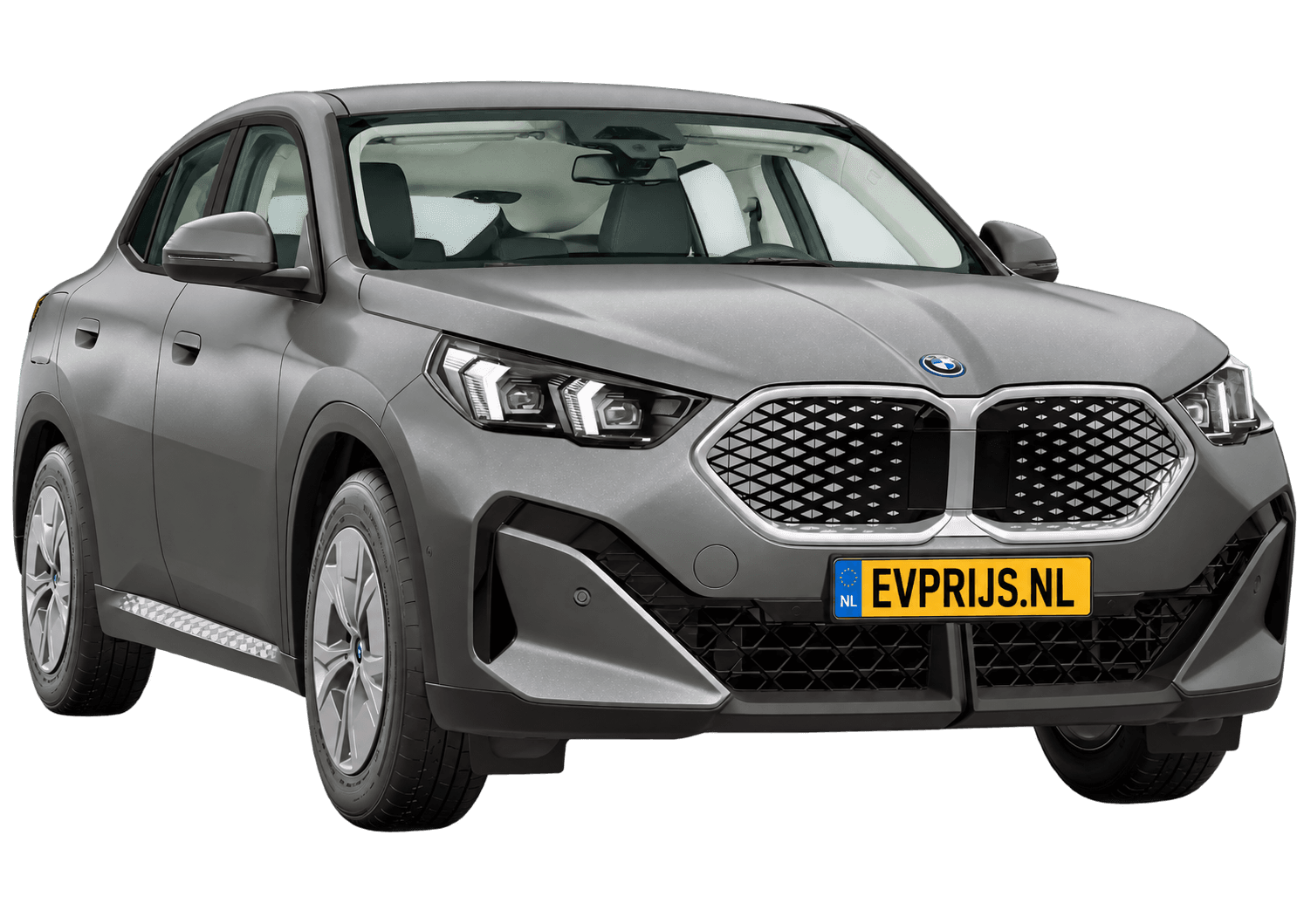 AI-bewerking (Imagegen) van officieel BMW Nederland-configuratorbeeld: iX2 voor-/zijaanzicht in BMW Individual Frozen Pure Grey metallic (configuratie BMW iX2 eDrive20 Standaarduitvoering); velgen en details kunnen per uitvoering afwijken, beeld 13