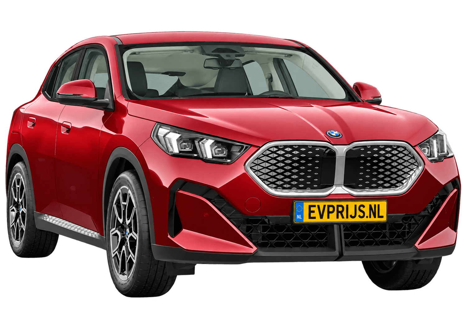 AI-bewerking (Imagegen) van officieel BMW Nederland-configuratorbeeld: iX2 voor-/zijaanzicht in Fire Rot metallic (configuratie BMW iX2 eDrive20 Standaarduitvoering); kleurverzadiging kan afwijken; velgen en details kunnen per uitvoering afwijken, beeld 7