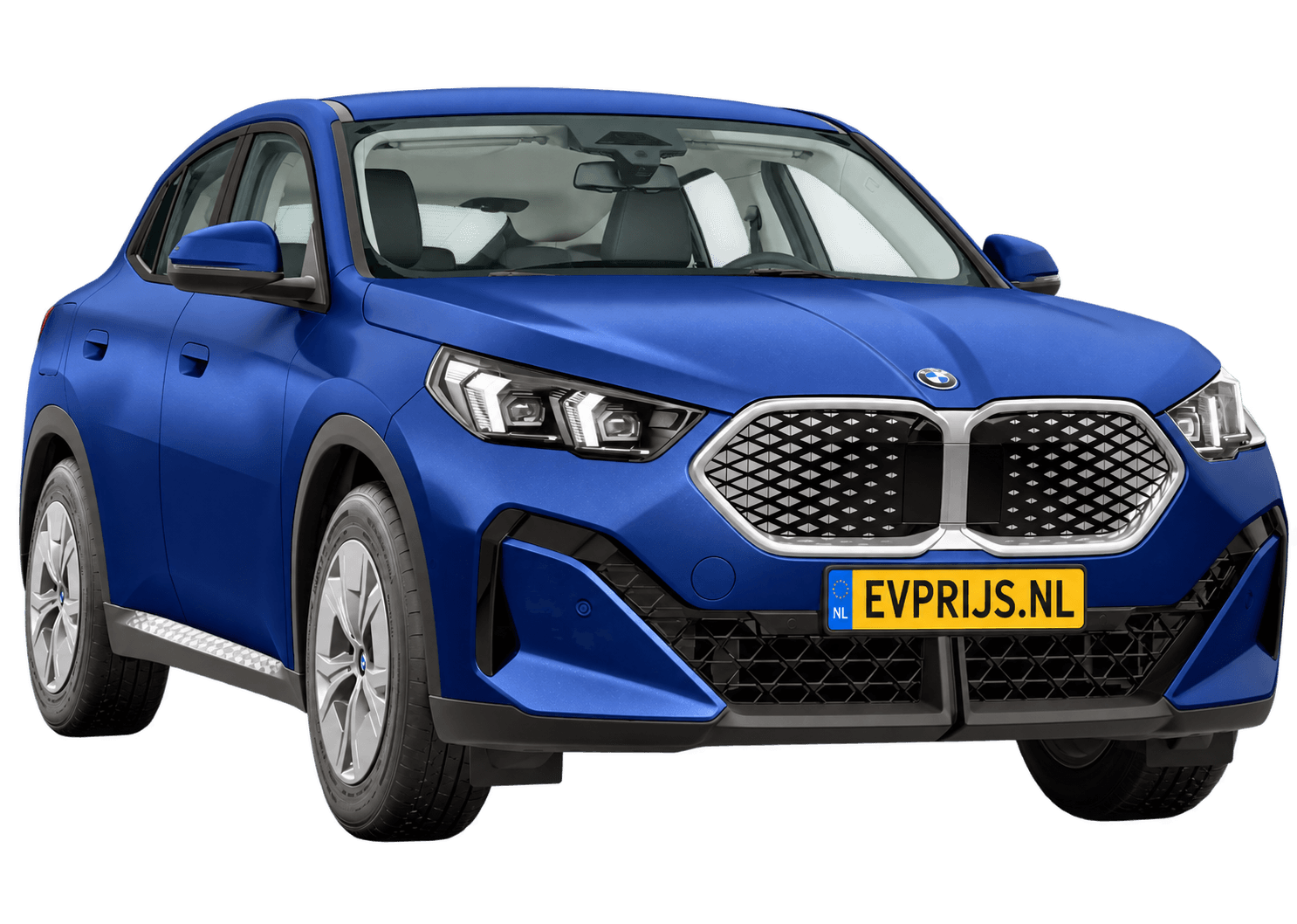 AI-bewerking (Imagegen) van officieel BMW Nederland-configuratorbeeld: iX2 voor-/zijaanzicht in BMW Individual Frozen Portimao Blau metallic (configuratie BMW iX2 eDrive20 Standaarduitvoering); kleurverzadiging kan afwijken; velgen en details kunnen per uitvoering afwijken, beeld 14