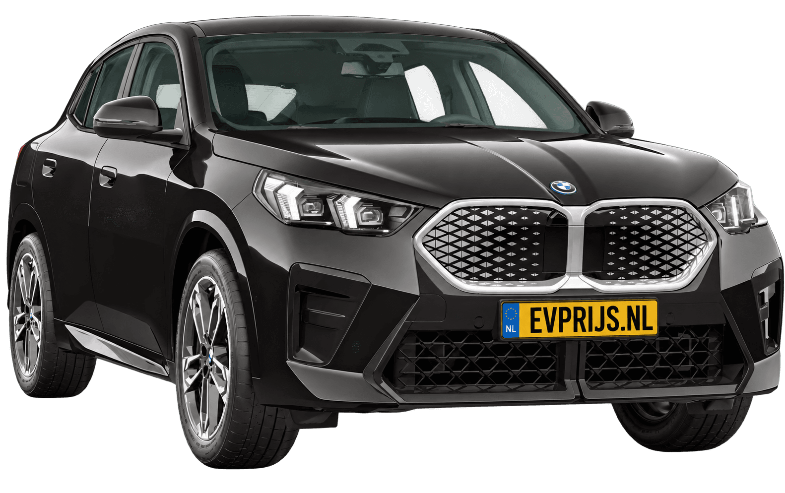 AI-bewerking (Imagegen) van officieel BMW Nederland-configuratorbeeld: iX2 M Sport Edition voor-/zijaanzicht in Saphirschwarz metallic (configuratie BMW iX2 eDrive20 M Sport Edition); velgen en details kunnen per uitvoering afwijken, beeld 4