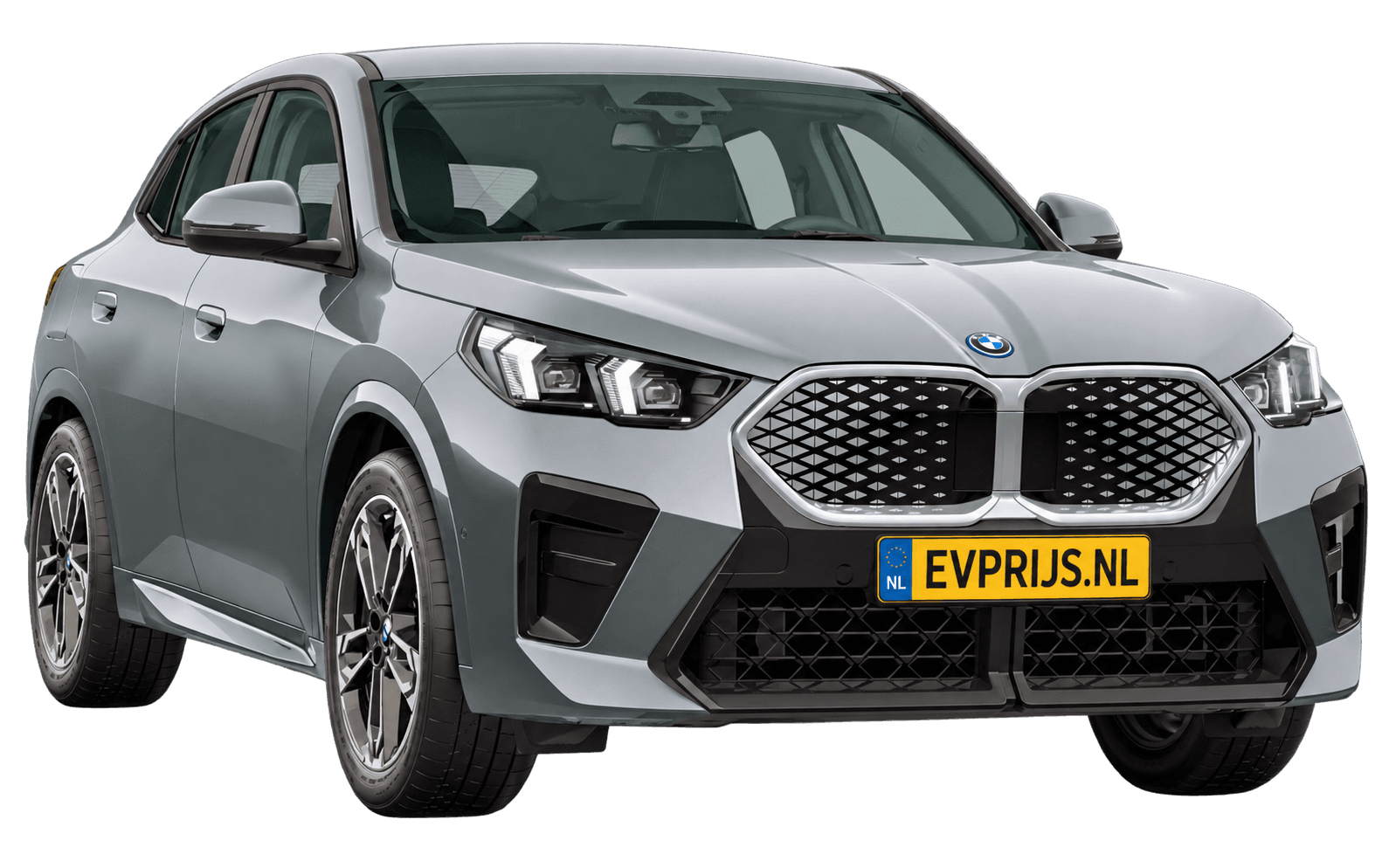 AI-bewerking (Imagegen) van officieel BMW Nederland-configuratorbeeld: iX2 M Sport Edition voor-/zijaanzicht in Skyscraper Grey metallic (configuratie BMW iX2 eDrive20 M Sport Edition); velgen en details kunnen per uitvoering afwijken, beeld 8