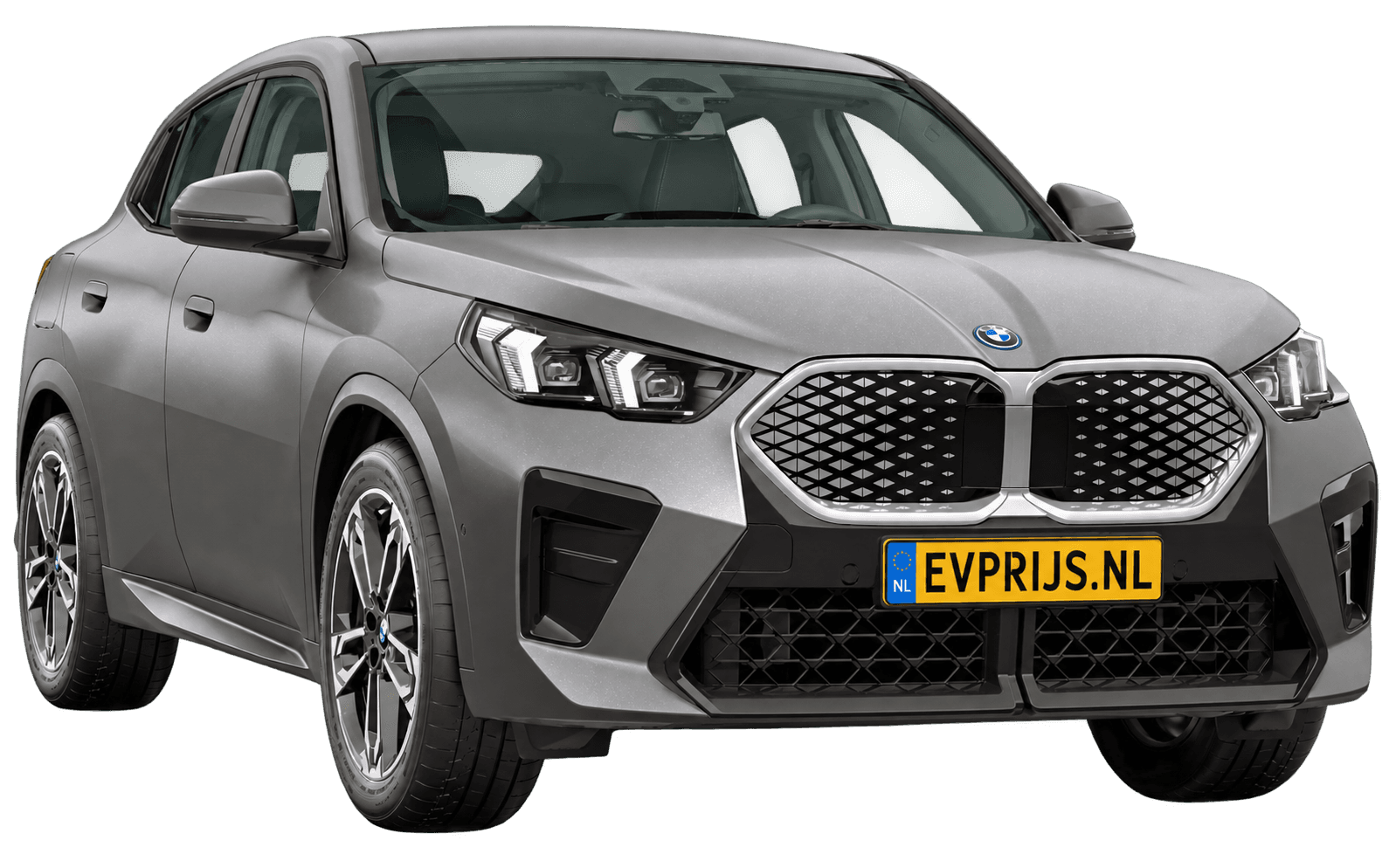 AI-bewerking (Imagegen) van officieel BMW Nederland-configuratorbeeld: iX2 M Sport Edition voor-/zijaanzicht in BMW Individual Frozen Pure Grey metallic (configuratie BMW iX2 eDrive20 M Sport Edition); velgen en details kunnen per uitvoering afwijken, beeld 10