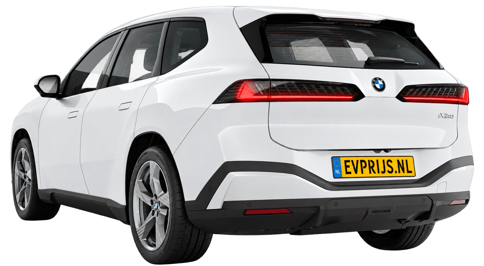 AI-bewerking (Imagegen) van officieel BMW Nederland-configuratorbeeld: iX3 achter-/zijaanzicht in Alpinweiss (configuratie BMW iX3 40 Standaarduitvoering, door de configurator aangepast voor deze lak); uitvoering en velgen kunnen afwijken, beeld 2