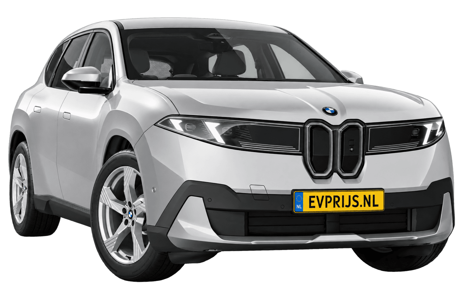 AI-bewerking (Imagegen) van officieel BMW Nederland-configuratorbeeld: iX3 voor-/zijaanzicht in Spacesilber metallic (configuratie BMW iX3 40 Standaarduitvoering); uitvoering en velgen kunnen afwijken, beeld 4