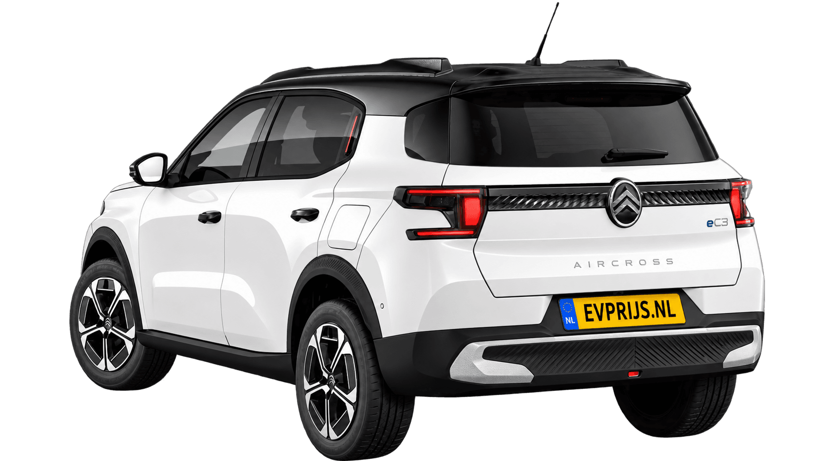 AI-bewerking (Imagegen) van officiële Citroën-configuratorrender: ë-C3 Aircross achter-/zijaanzicht in Polar White (configuratorrender C3 Aircross Elektrisch 113pk Extended range MAX, aanzicht 003); velgen en details kunnen per uitvoering afwijken, beeld 2