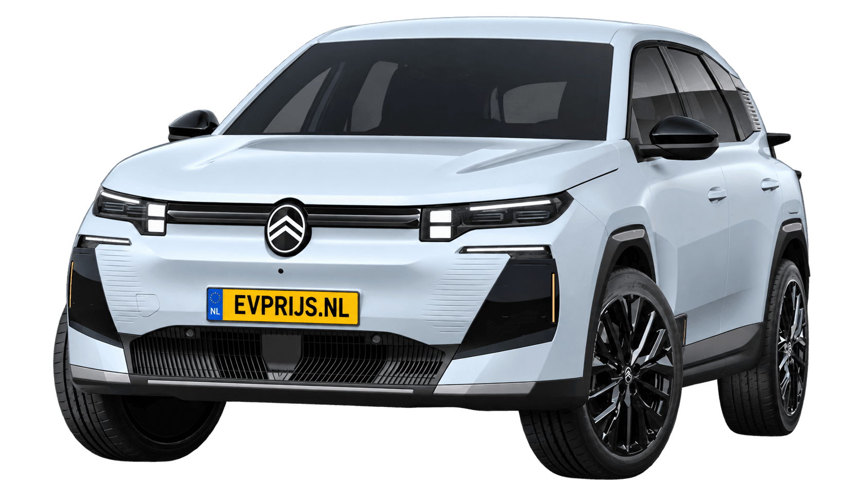 AI-bewerking (Imagegen) van officiële Citroën-configuratorrender: ë-C5 Aircross voor-/zijaanzicht in Okenite White (configuratorrender Nieuwe C5 Aircross Elektrisch 230pk Long range MAX, aanzicht 001); velgen en details kunnen per uitvoering afwijken, beeld 7