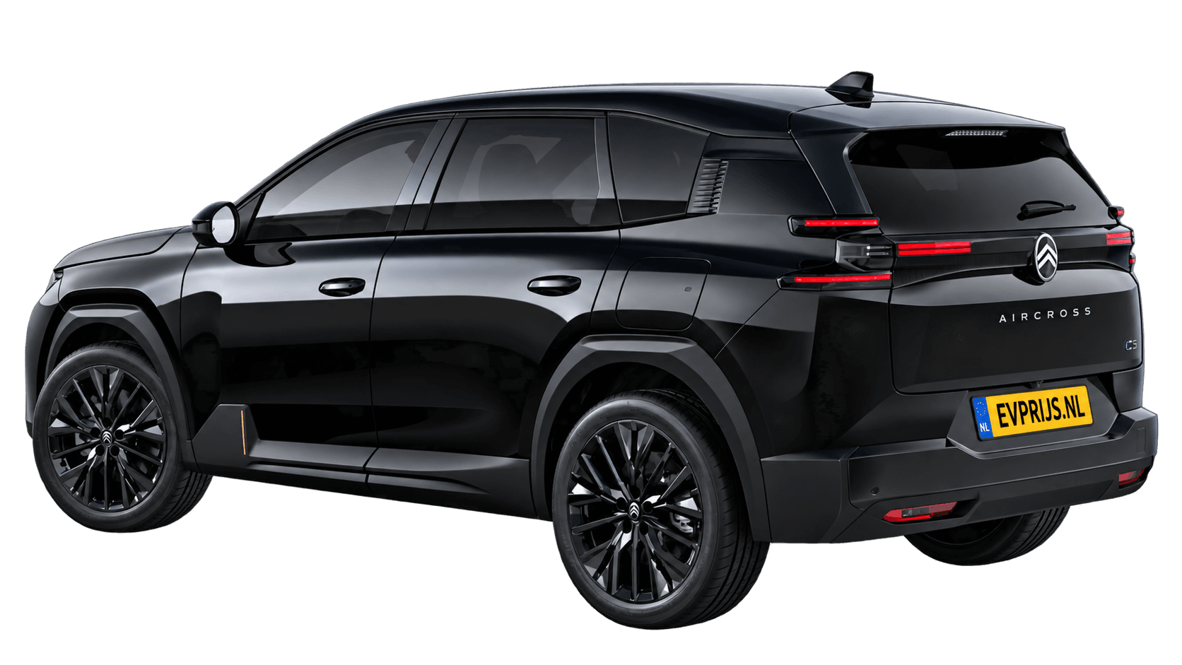 AI-bewerking (Imagegen) van officiële Citroën-configuratorrender: ë-C5 Aircross achter-/zijaanzicht in Perla Nera Black (configuratorrender Nieuwe C5 Aircross Elektrisch 230pk Long range MAX, aanzicht 003); velgen en details kunnen per uitvoering afwijken, beeld 2