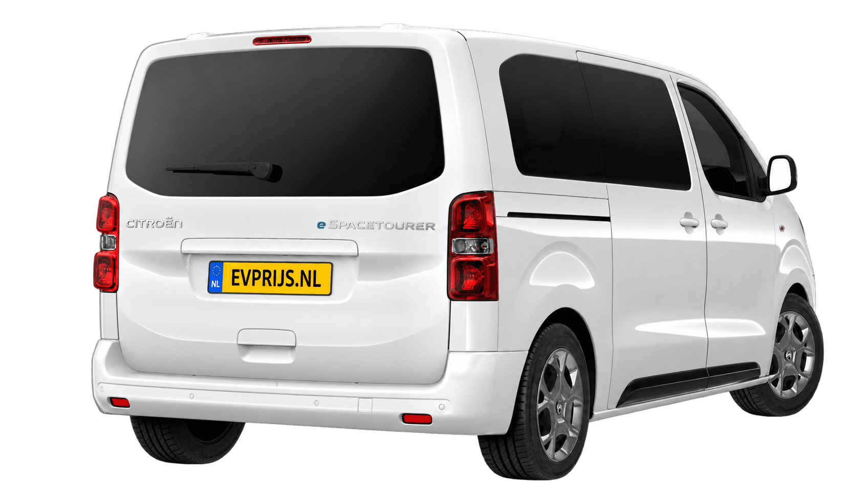 AI-bewerking (Imagegen) van officiële Citroën-configuratorrender: ë-SpaceTourer achter-/zijaanzicht in Blanc Icy (configuratorrender ë-SpaceTourer M 75kWh, aanzicht 003); velgen en details kunnen per uitvoering afwijken, beeld 2