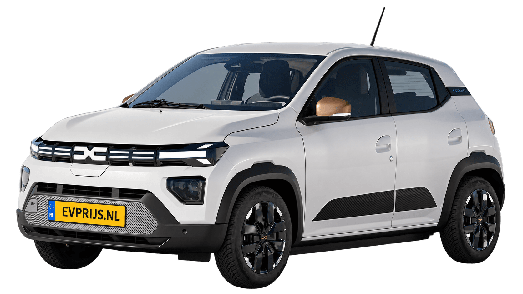 AI-bewerking (Imagegen) van officiële Dacia-foto: Spring voor-/zijaanzicht in blanc kaolin (voor-/zijaanzicht uit de Nederlandse Spring-brochure (december 2025), PDF-pagina 11, blanc kaolin); velgen en details kunnen per uitvoering afwijken, beeld 6