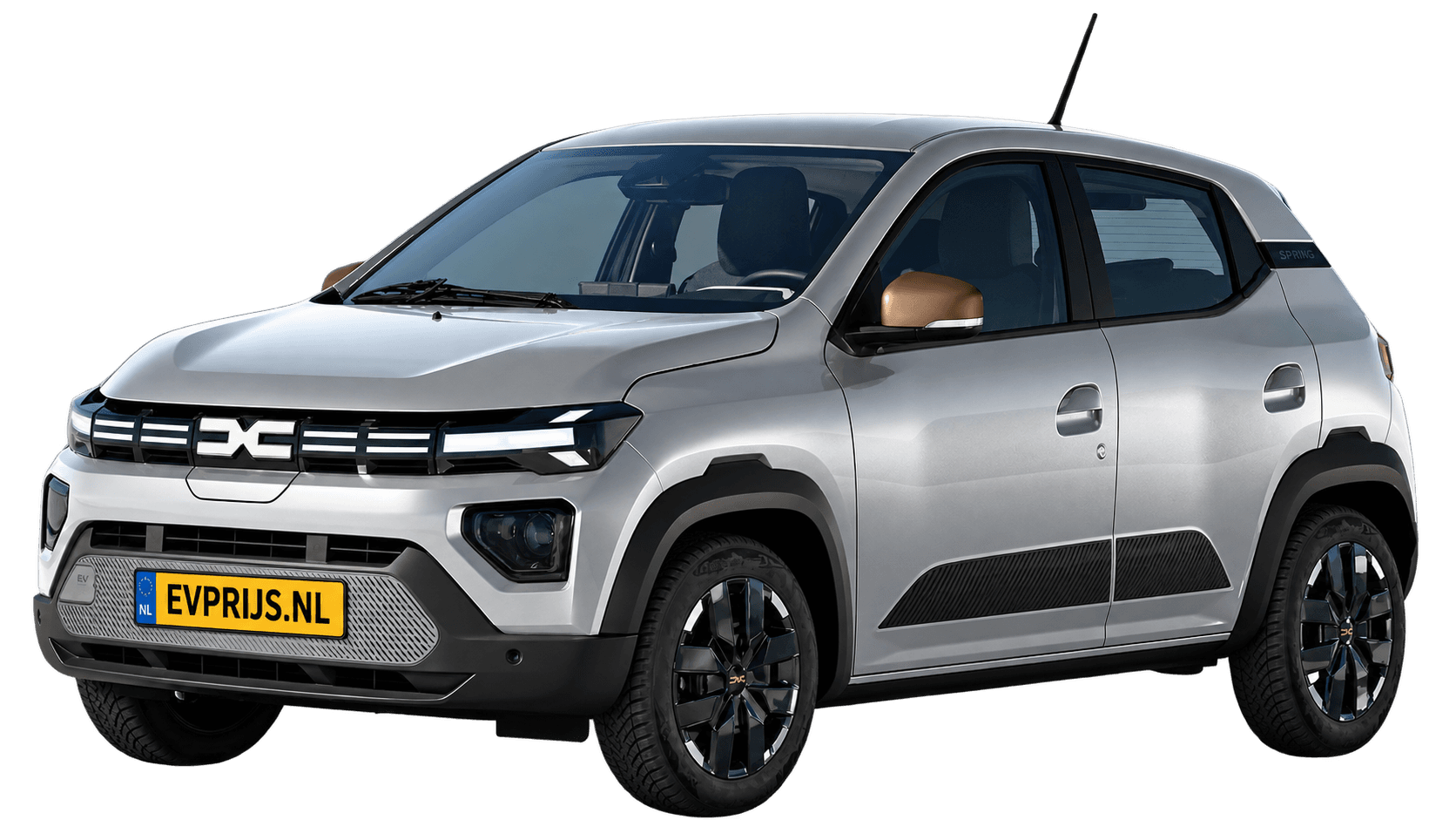 AI-bewerking (Imagegen) van officiële Dacia-foto: Spring voor-/zijaanzicht in gris éclair (voor-/zijaanzicht uit de Nederlandse Spring-brochure (december 2025), PDF-pagina 11, gris éclair); velgen en details kunnen per uitvoering afwijken, beeld 5
