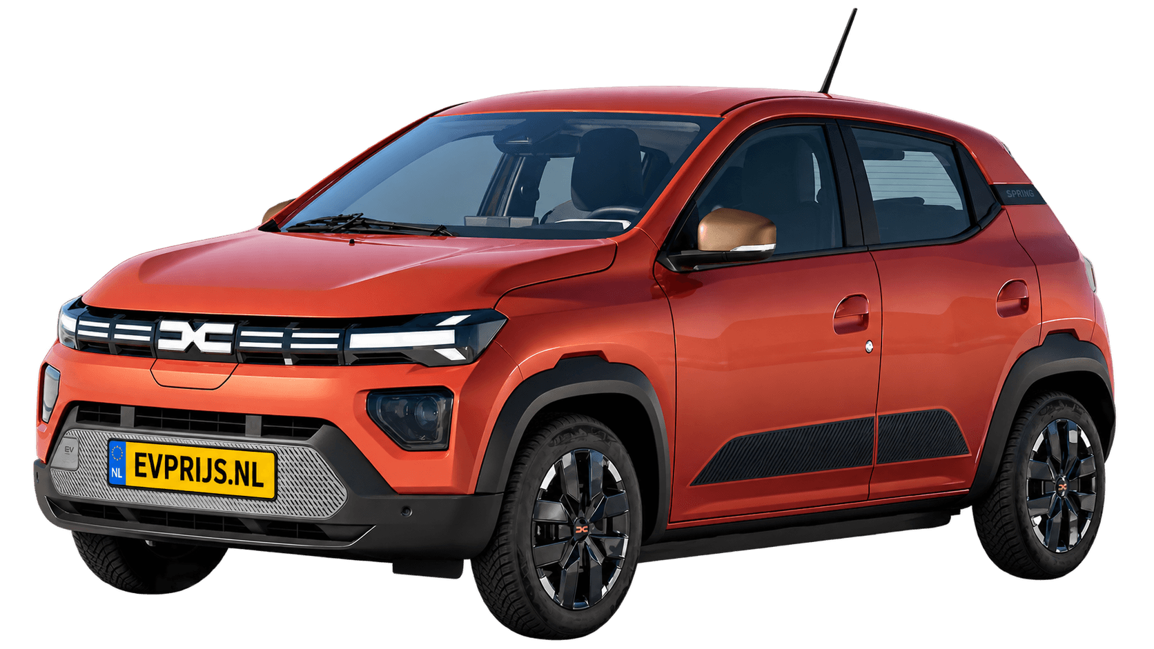 AI-bewerking (Imagegen) van officiële Dacia-foto: Spring voor-/zijaanzicht in rouge brique (voor-/zijaanzicht uit de Nederlandse Spring-brochure (december 2025), PDF-pagina 11, rouge brique); velgen en details kunnen per uitvoering afwijken, beeld 3
