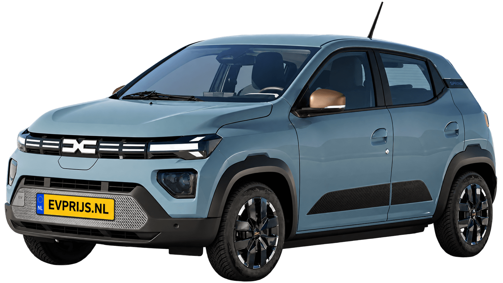 AI-bewerking (Imagegen) van officiële Dacia-foto: Spring voor-/zijaanzicht in seafoam (voor-/zijaanzicht uit de Nederlandse Spring-brochure (december 2025), PDF-pagina 11, seafoam); velgen en details kunnen per uitvoering afwijken, beeld 4