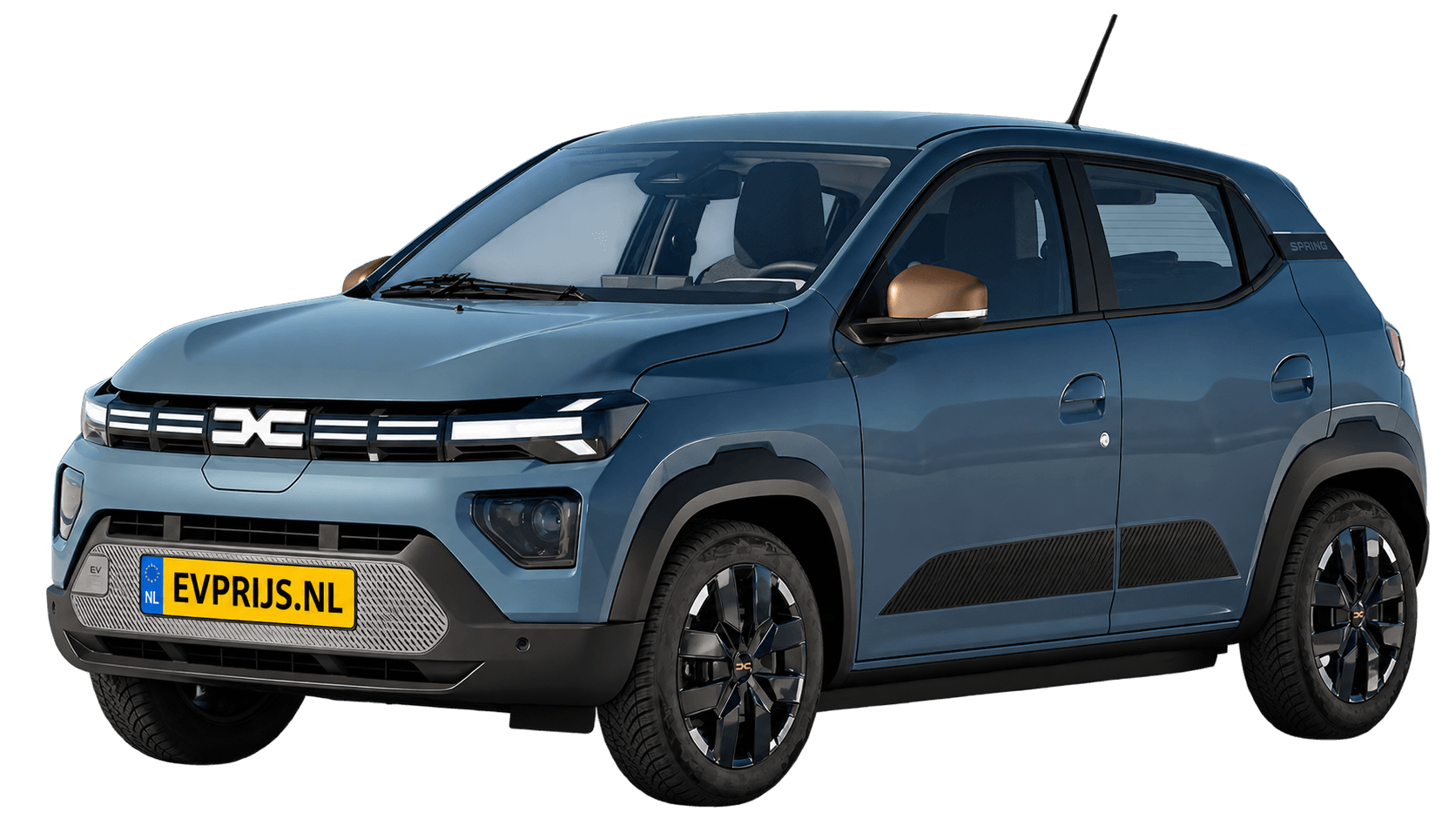 AI-bewerking (Imagegen) van officiële Dacia-foto: Spring voor-/zijaanzicht in slate bleu (voor-/zijaanzicht uit de Nederlandse Spring-brochure (december 2025), PDF-pagina 11, slate bleu); velgen en details kunnen per uitvoering afwijken, beeld 7