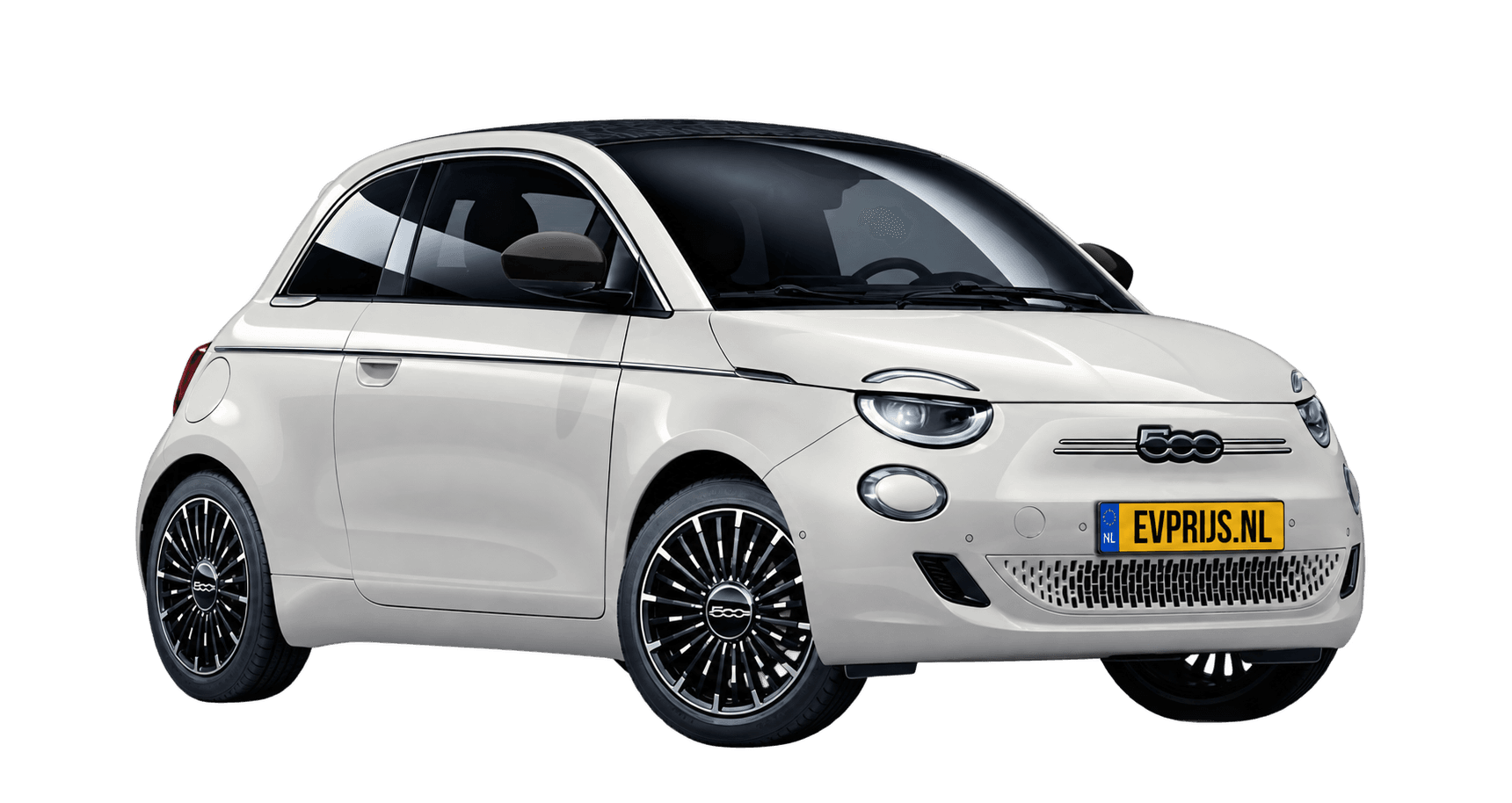 AI-bewerking (Imagegen) van officiële Fiat-configuratorrender: 500e Cabrio voor-/zijaanzicht in Ice White (configuratorrender 42 kWh Electric La Prima Cabrio, voor-/zijaanzicht); velgen en details kunnen per uitvoering afwijken, beeld 3