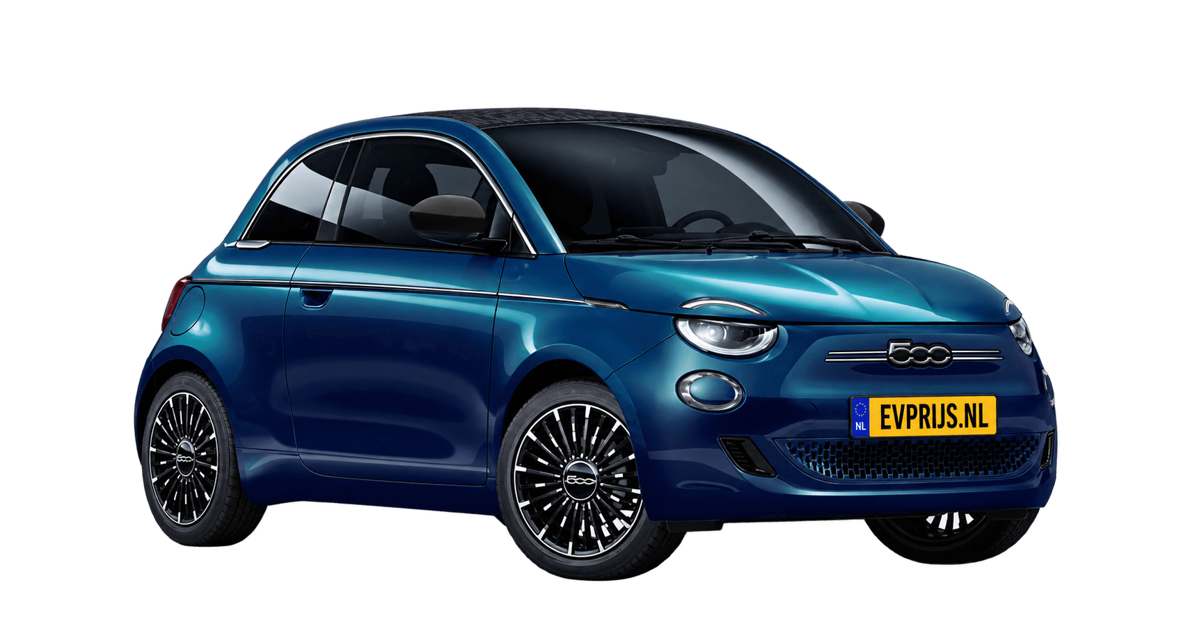 AI-bewerking (Imagegen) van officiële Fiat-configuratorrender: 500e Cabrio voor-/zijaanzicht in Ocean Green (configuratorrender 42 kWh Electric La Prima Cabrio, voor-/zijaanzicht); velgen en details kunnen per uitvoering afwijken, beeld 7