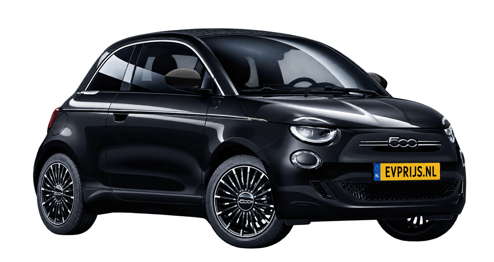 AI-bewerking (Imagegen) van officiële Fiat-configuratorrender: 500e Cabrio voor-/zijaanzicht in Onyx Black (configuratorrender 42 kWh Electric La Prima Cabrio, voor-/zijaanzicht); velgen en details kunnen per uitvoering afwijken, beeld 5