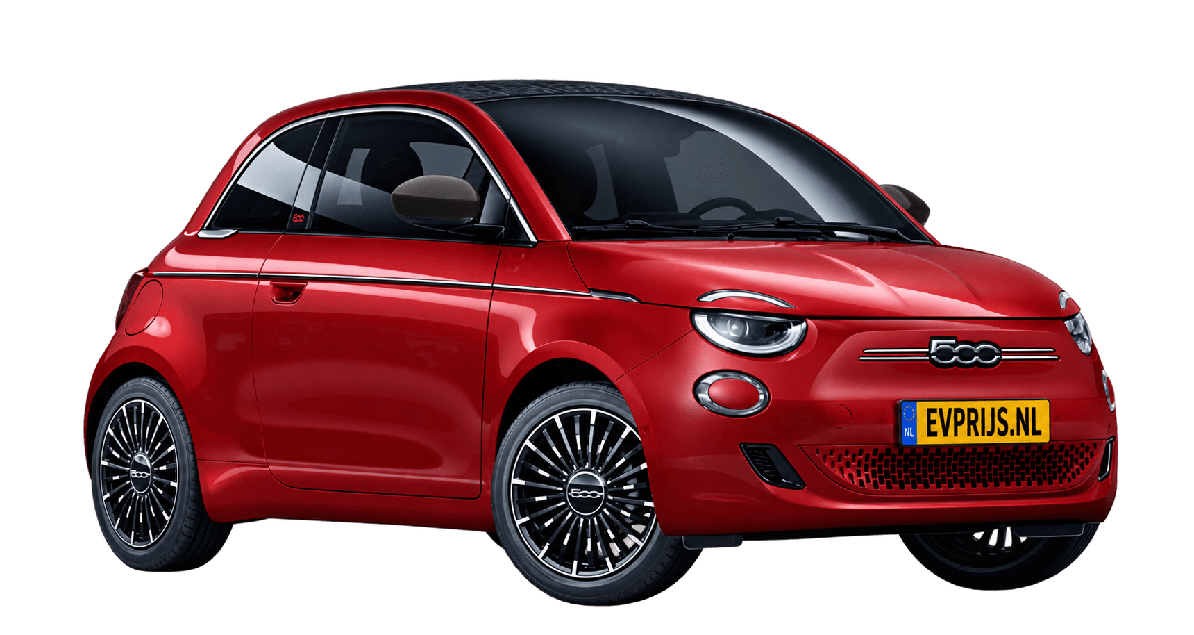 AI-bewerking (Imagegen) van officiële Fiat-configuratorrender: 500e Cabrio voor-/zijaanzicht in Passione (RED) (configuratorrender 42 kWh Electric La Prima Cabrio, voor-/zijaanzicht); velgen en details kunnen per uitvoering afwijken, beeld 4