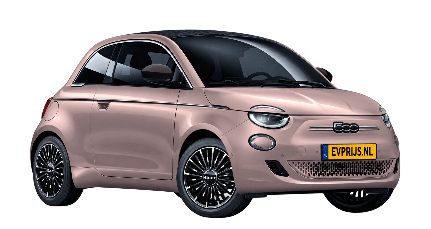 AI-bewerking (Imagegen) van officiële Fiat-configuratorrender: 500e Cabrio voor-/zijaanzicht in Rose Gold (configuratorrender 42 kWh Electric La Prima Cabrio, voor-/zijaanzicht); velgen en details kunnen per uitvoering afwijken, beeld 8