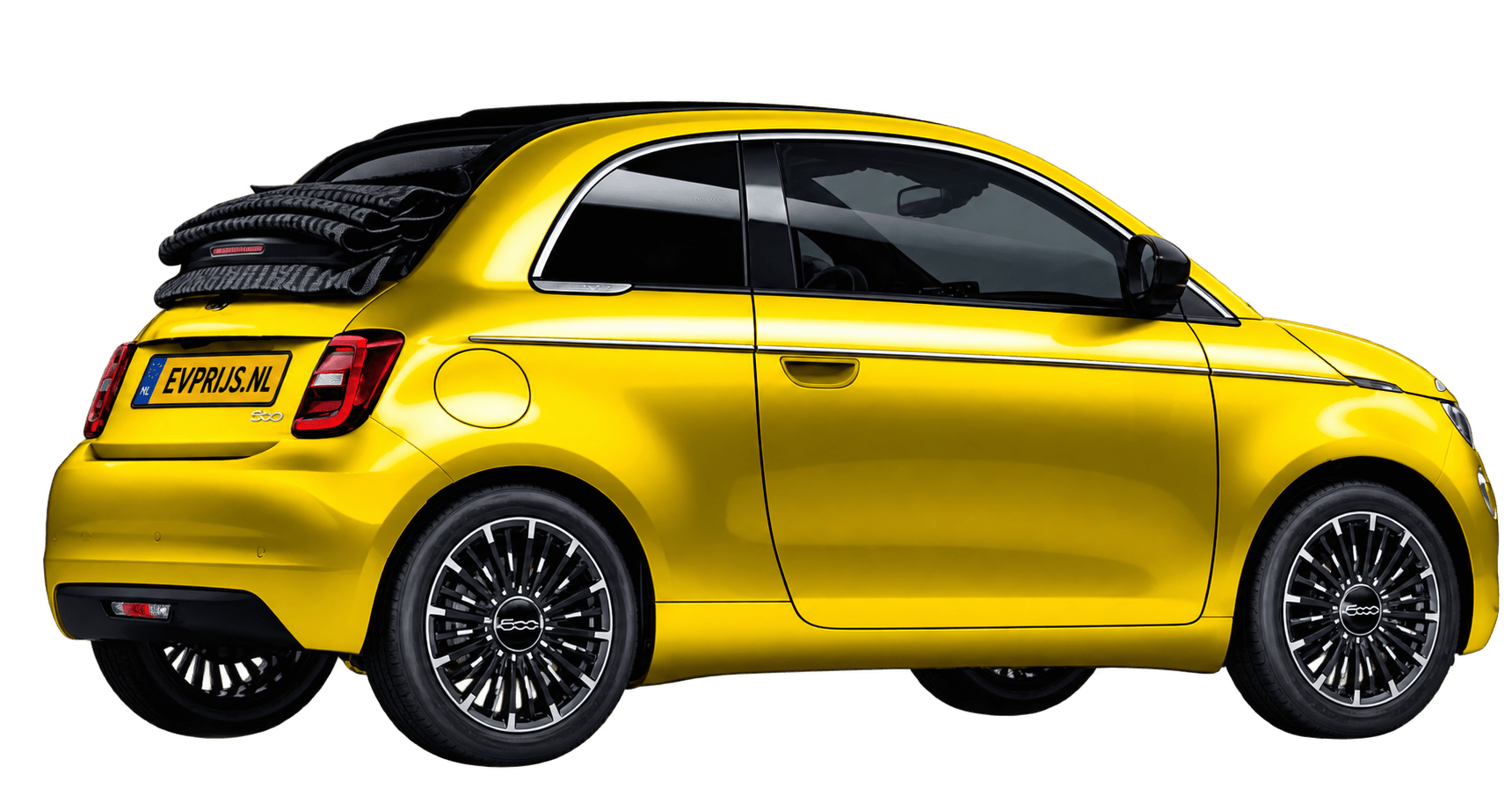 AI-bewerking (Imagegen) van officiële Fiat-configuratorrender: 500e Cabrio achter-/zijaanzicht in Sun of Italy (configuratorrender 42 kWh Electric La Prima Cabrio, achter-/zijaanzicht); velgen en details kunnen per uitvoering afwijken, beeld 2