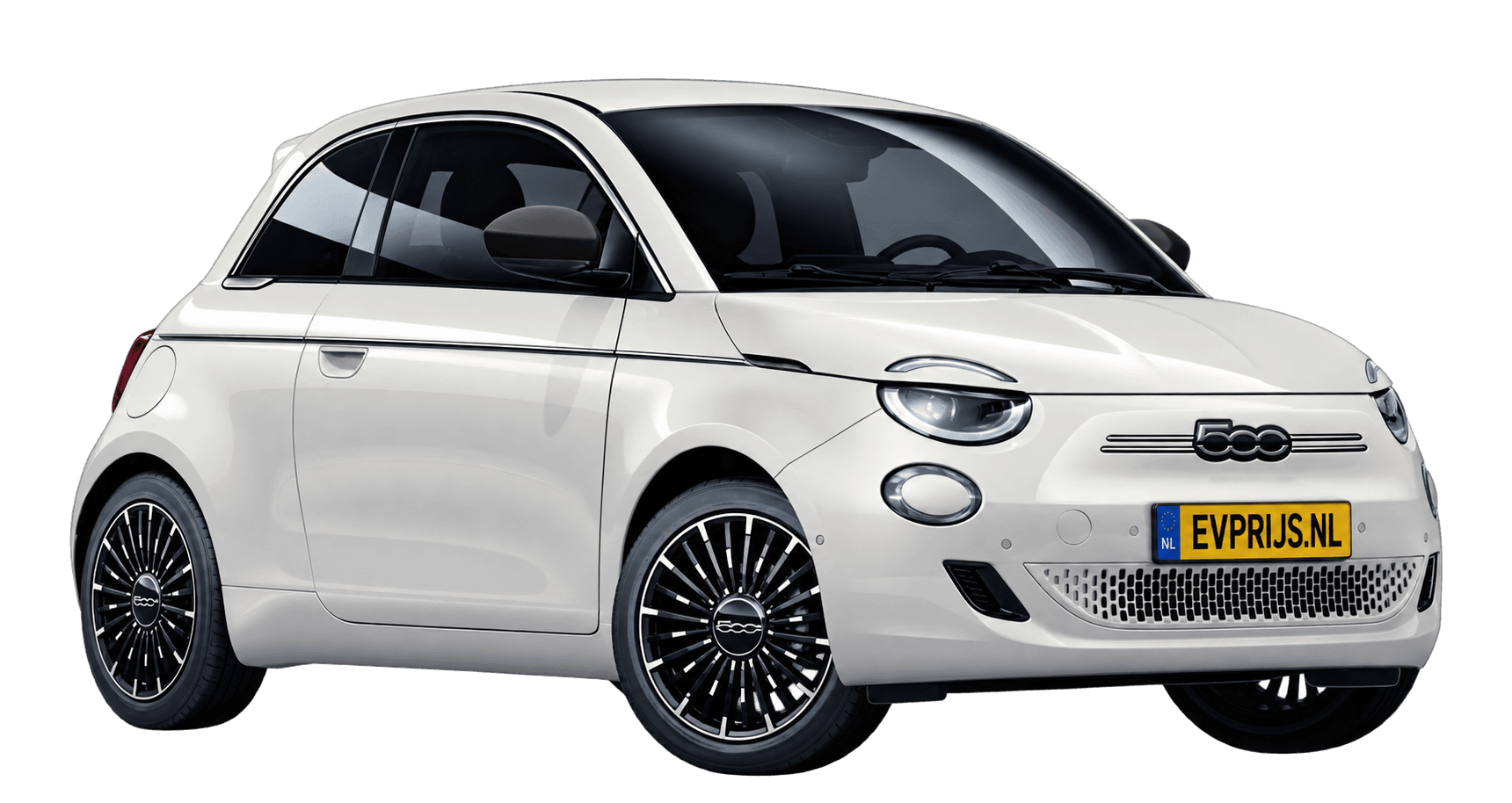 AI-bewerking (Imagegen) van officiële Fiat-configuratorrender: 500e voor-/zijaanzicht in Ice White (configuratorrender 42 kWh Electric La Prima Hatchback, voor-/zijaanzicht); velgen en details kunnen per uitvoering afwijken, beeld 3