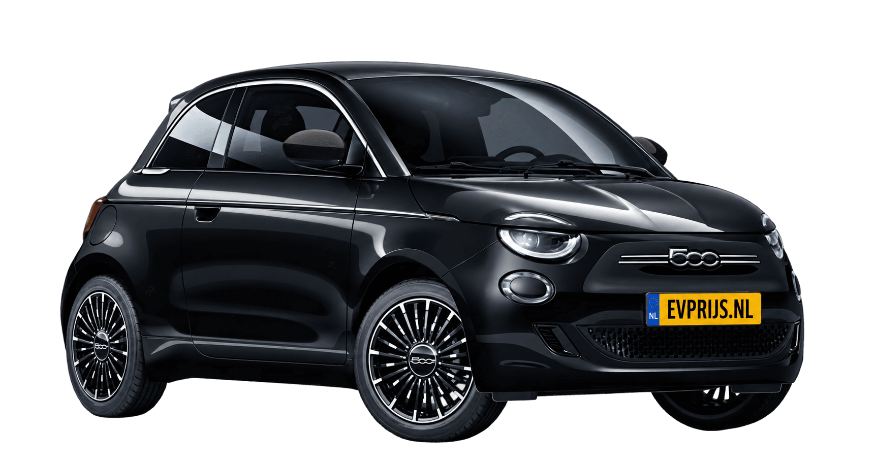 AI-bewerking (Imagegen) van officiële Fiat-configuratorrender: 500e voor-/zijaanzicht in Onyx Black (configuratorrender 42 kWh Electric La Prima Hatchback, voor-/zijaanzicht); velgen en details kunnen per uitvoering afwijken, beeld 5