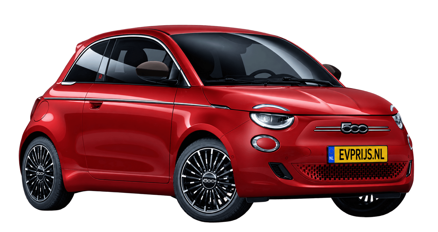 AI-bewerking (Imagegen) van officiële Fiat-configuratorrender: 500e voor-/zijaanzicht in Passione (RED) (configuratorrender 42 kWh Electric La Prima Hatchback, voor-/zijaanzicht); velgen en details kunnen per uitvoering afwijken, beeld 4