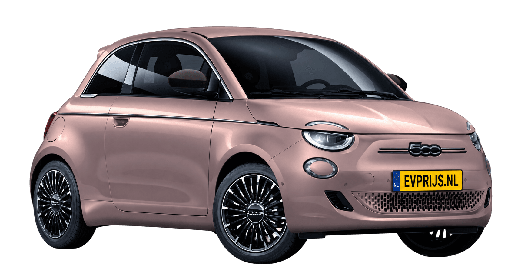 AI-bewerking (Imagegen) van officiële Fiat-configuratorrender: 500e voor-/zijaanzicht in Rose Gold (configuratorrender 42 kWh Electric La Prima Hatchback, voor-/zijaanzicht); velgen en details kunnen per uitvoering afwijken, beeld 8