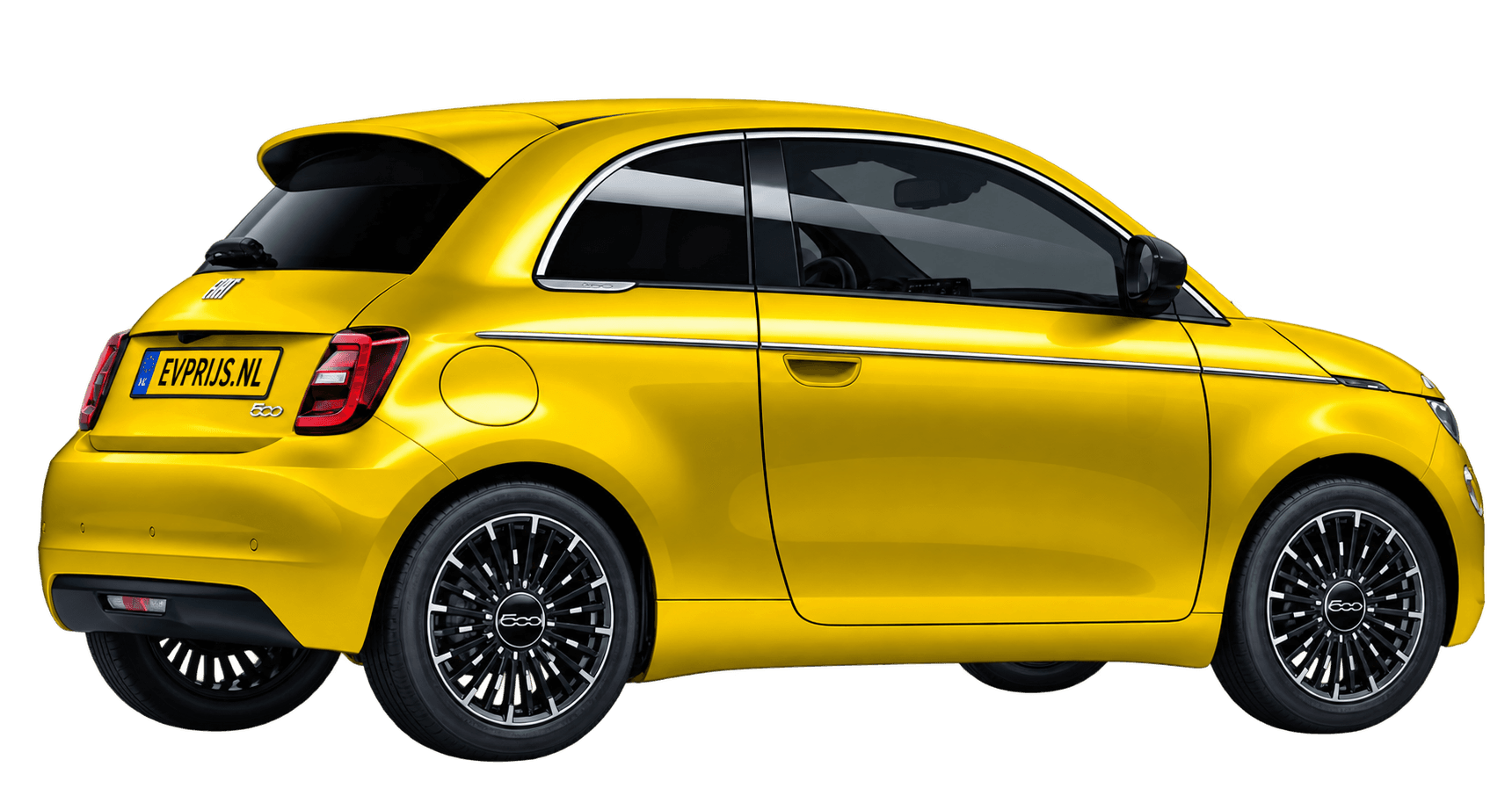 AI-bewerking (Imagegen) van officiële Fiat-configuratorrender: 500e achter-/zijaanzicht in Sun of Italy (configuratorrender 42 kWh Electric La Prima Hatchback, achter-/zijaanzicht); velgen en details kunnen per uitvoering afwijken, beeld 2