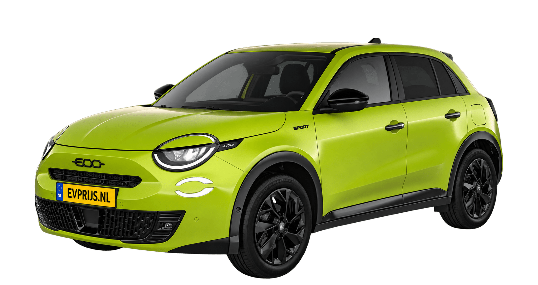 AI-bewerking (Imagegen) van officiële Fiat-configuratorrender: 600e voor-/zijaanzicht in Acid Green (configuratorrender 54kWh Electric Sport, voor-/zijaanzicht); velgen en details kunnen per uitvoering afwijken, beeld 9