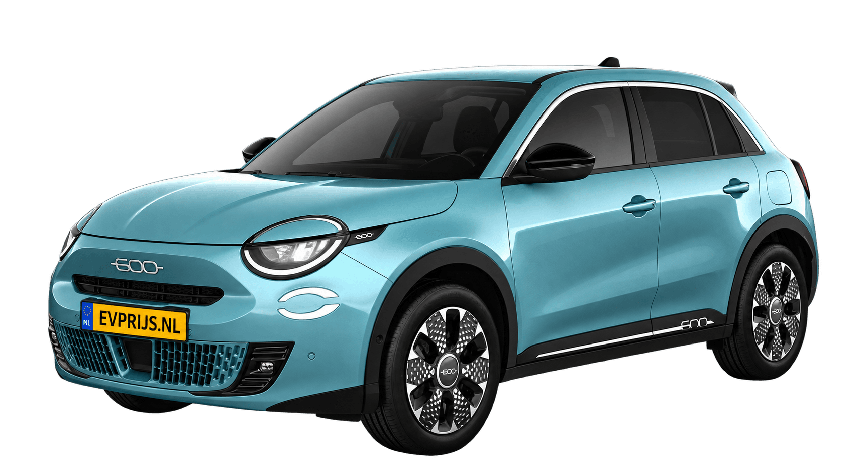 AI-bewerking (Imagegen) van officiële Fiat-configuratorrender: 600e voor-/zijaanzicht in Acqua Azure (configuratorrender 54kWh Electric La Prima, voor-/zijaanzicht); velgen en details kunnen per uitvoering afwijken, beeld 6