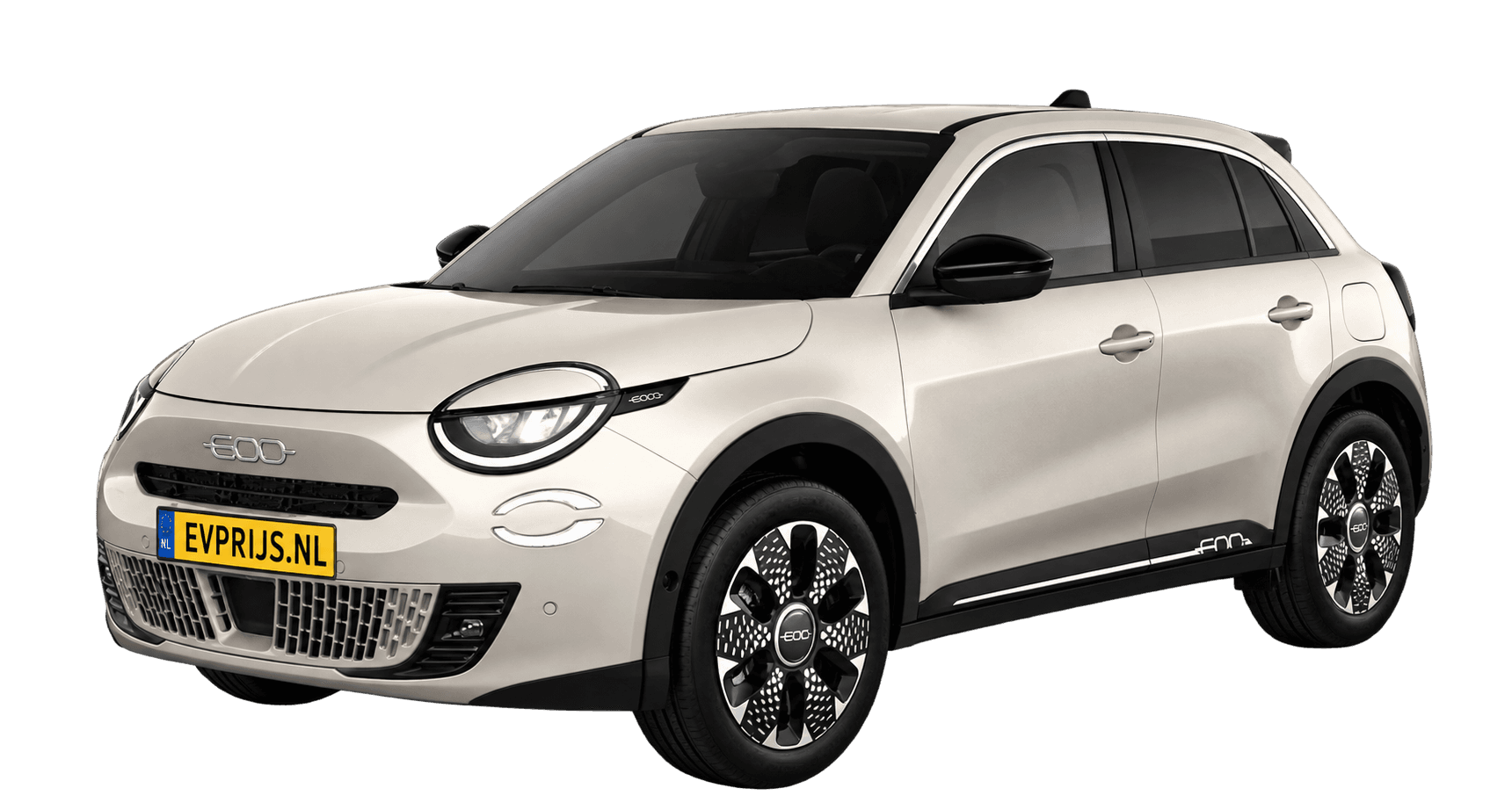 AI-bewerking (Imagegen) van officiële Fiat-configuratorrender: 600e voor-/zijaanzicht in Cappuccino Cream (configuratorrender 54kWh Electric La Prima, voor-/zijaanzicht); velgen en details kunnen per uitvoering afwijken, beeld 8