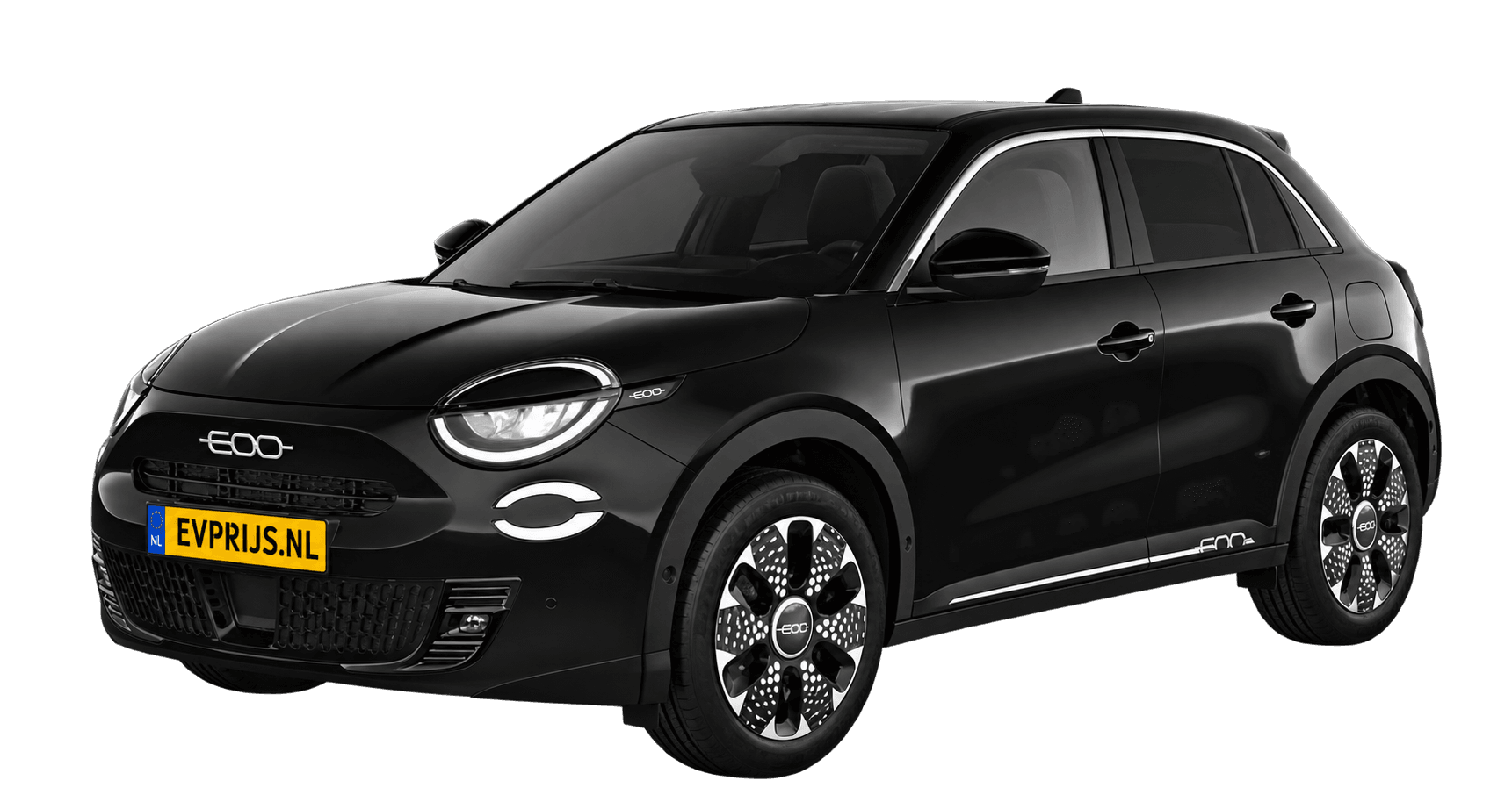 AI-bewerking (Imagegen) van officiële Fiat-configuratorrender: 600e voor-/zijaanzicht in Cinema Black (configuratorrender 54kWh Electric La Prima, voor-/zijaanzicht); velgen en details kunnen per uitvoering afwijken, beeld 4