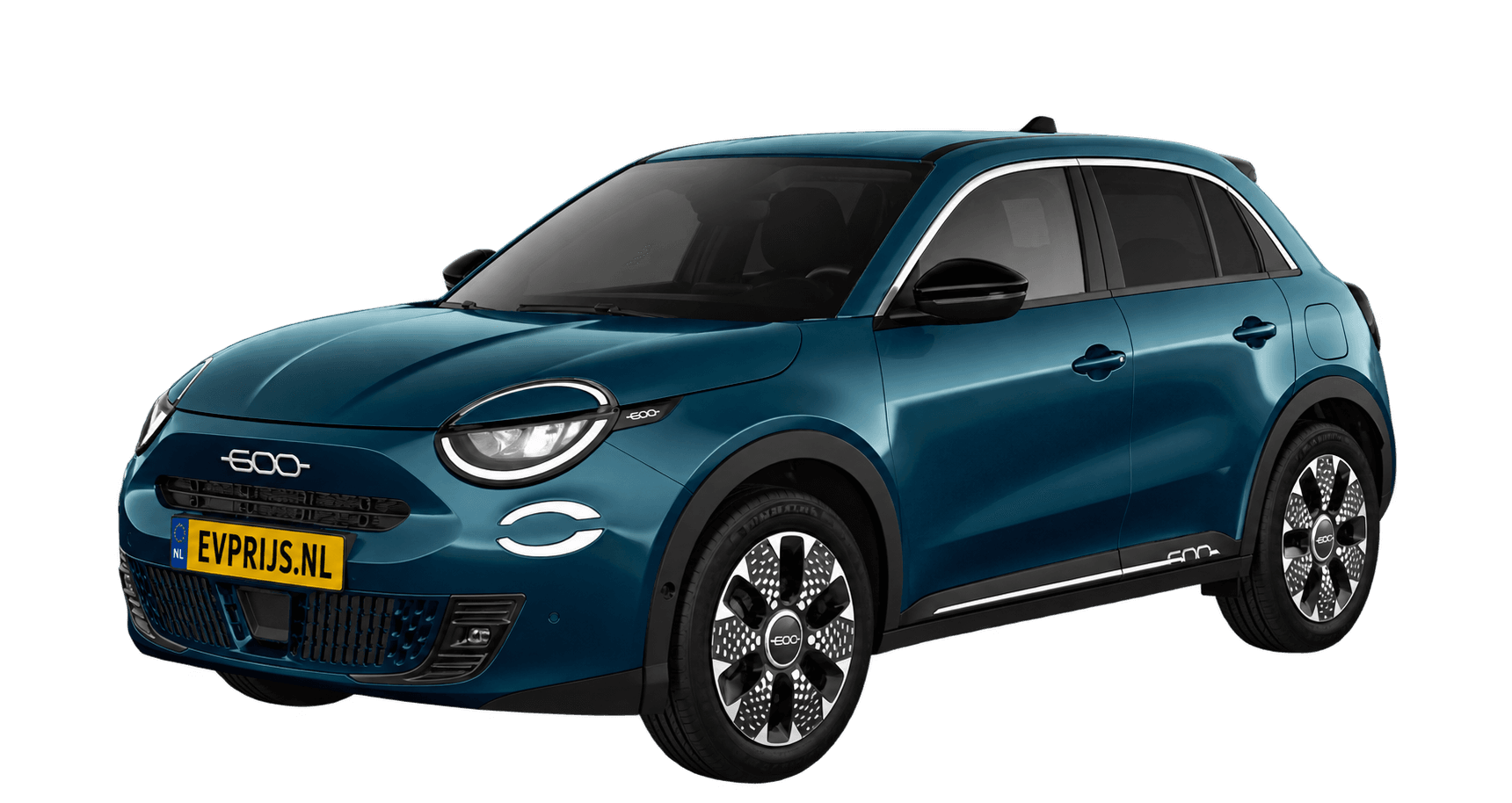 AI-bewerking (Imagegen) van officiële Fiat-configuratorrender: 600e voor-/zijaanzicht in Mare Green (configuratorrender 54kWh Electric La Prima, voor-/zijaanzicht); velgen en details kunnen per uitvoering afwijken, beeld 7