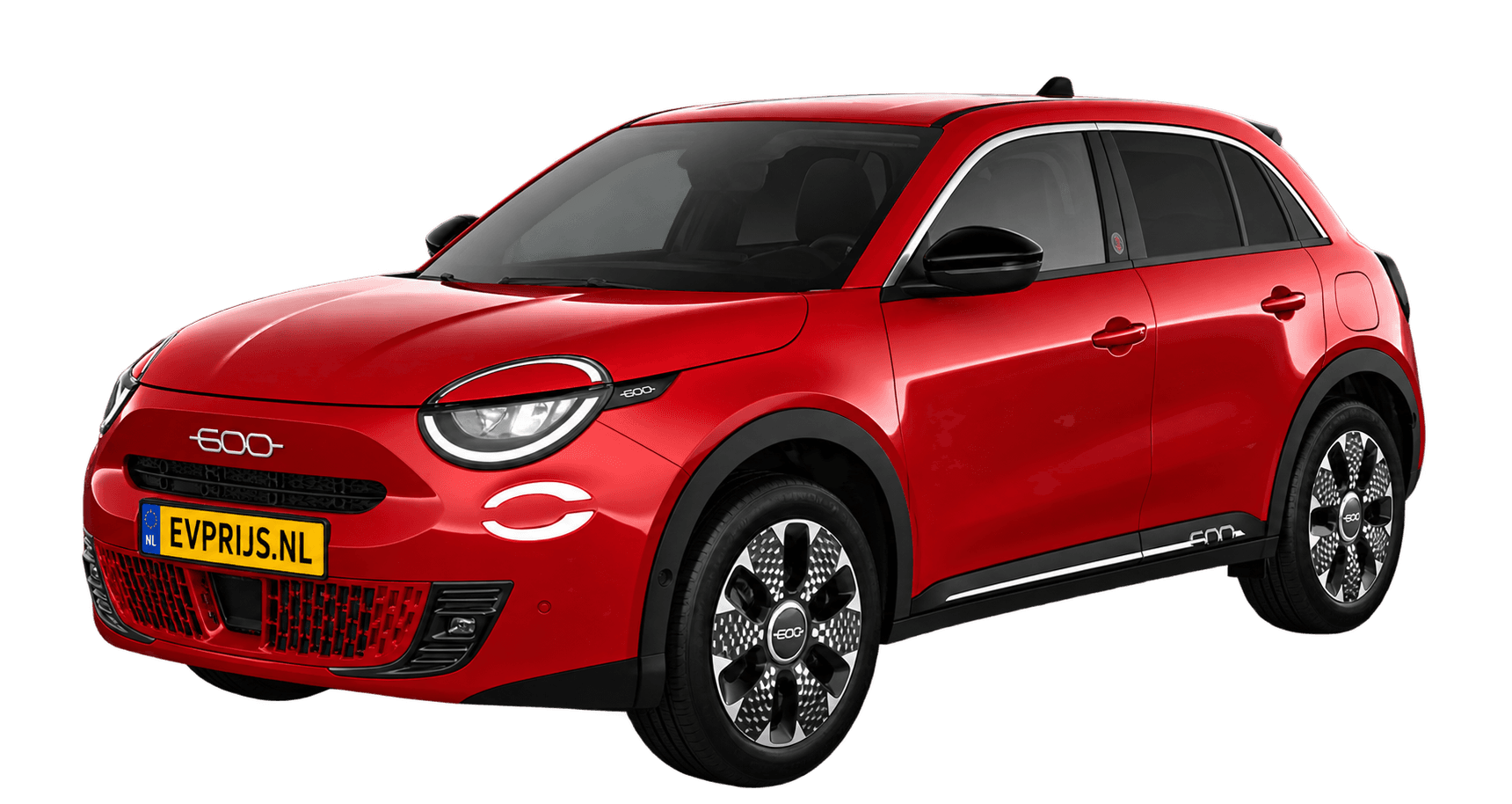 AI-bewerking (Imagegen) van officiële Fiat-configuratorrender: 600e voor-/zijaanzicht in Passione (RED) (configuratorrender 54kWh Electric La Prima, voor-/zijaanzicht); velgen en details kunnen per uitvoering afwijken, beeld 3