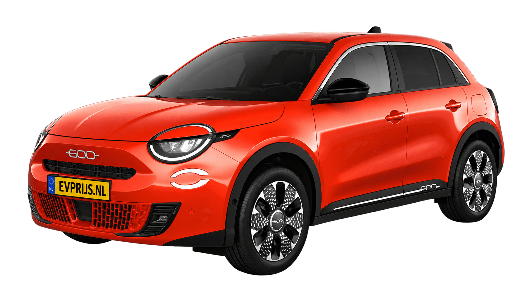 AI-bewerking (Imagegen) van officiële Fiat-configuratorrender: 600e voor-/zijaanzicht in Sole Orange (configuratorrender 54kWh Electric La Prima, voor-/zijaanzicht); velgen en details kunnen per uitvoering afwijken, beeld 5
