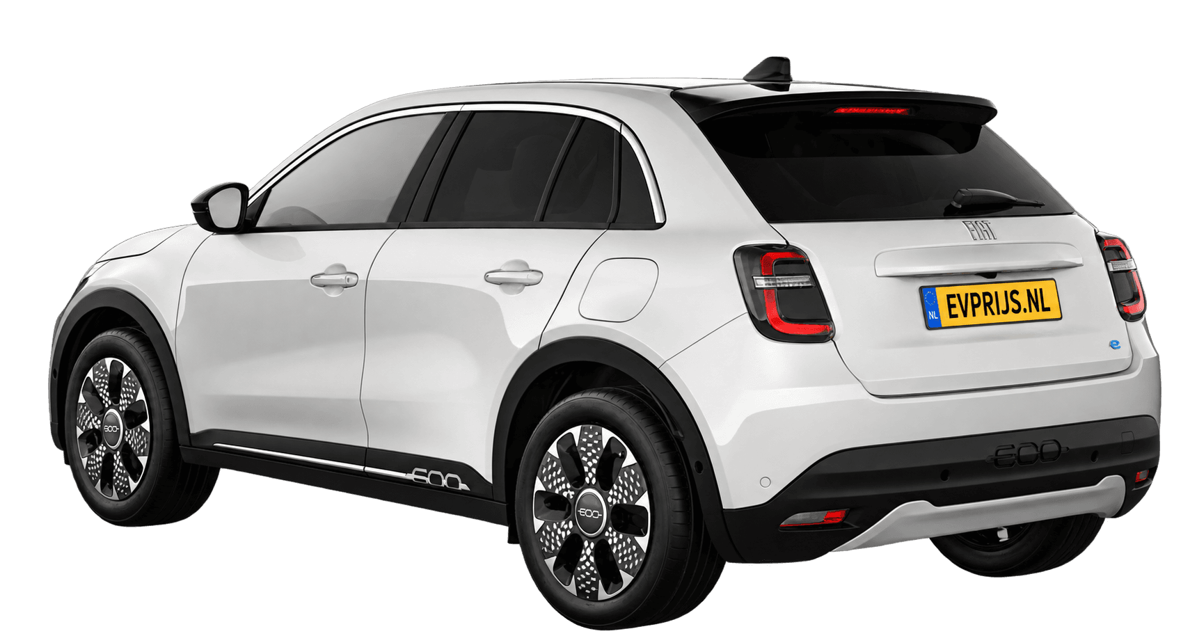 AI-bewerking (Imagegen) van officiële Fiat-configuratorrender: 600e achter-/zijaanzicht in Gelato White (configuratorrender 54kWh Electric La Prima, achter-/zijaanzicht); velgen en details kunnen per uitvoering afwijken, beeld 2