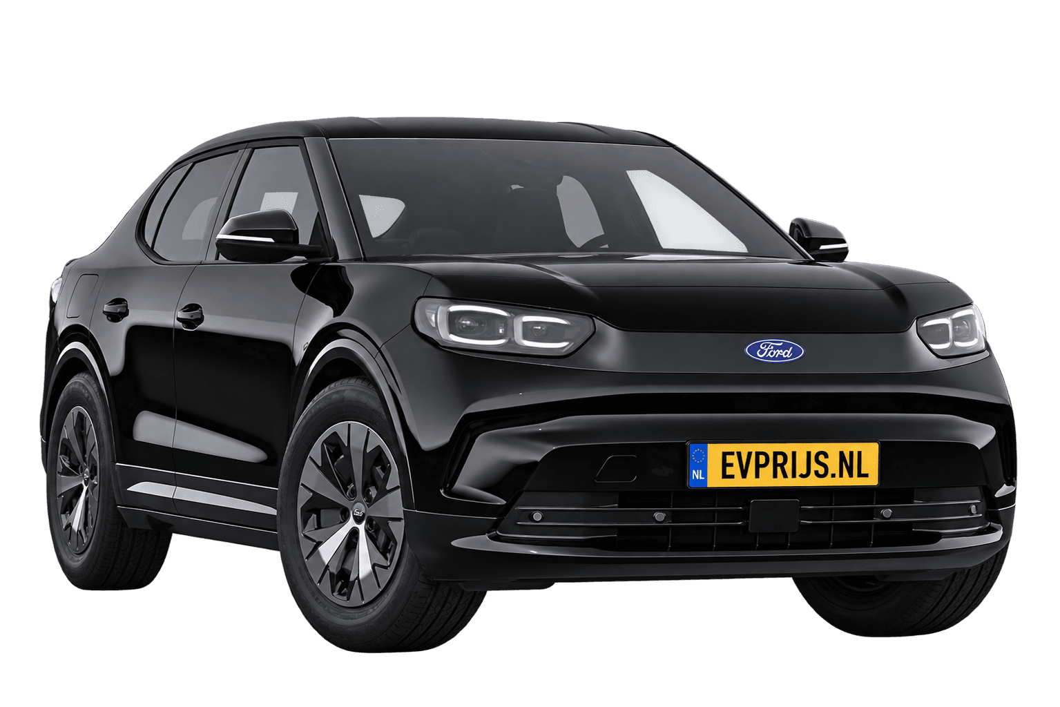 AI-bewerking (Imagegen) van officiële Ford-configuratorrender: Capri voor-/zijaanzicht in Agate Black (configuratorrender Style Standard Range RWD (58 kWh)); uitvoering en velgen kunnen afwijken, beeld 5