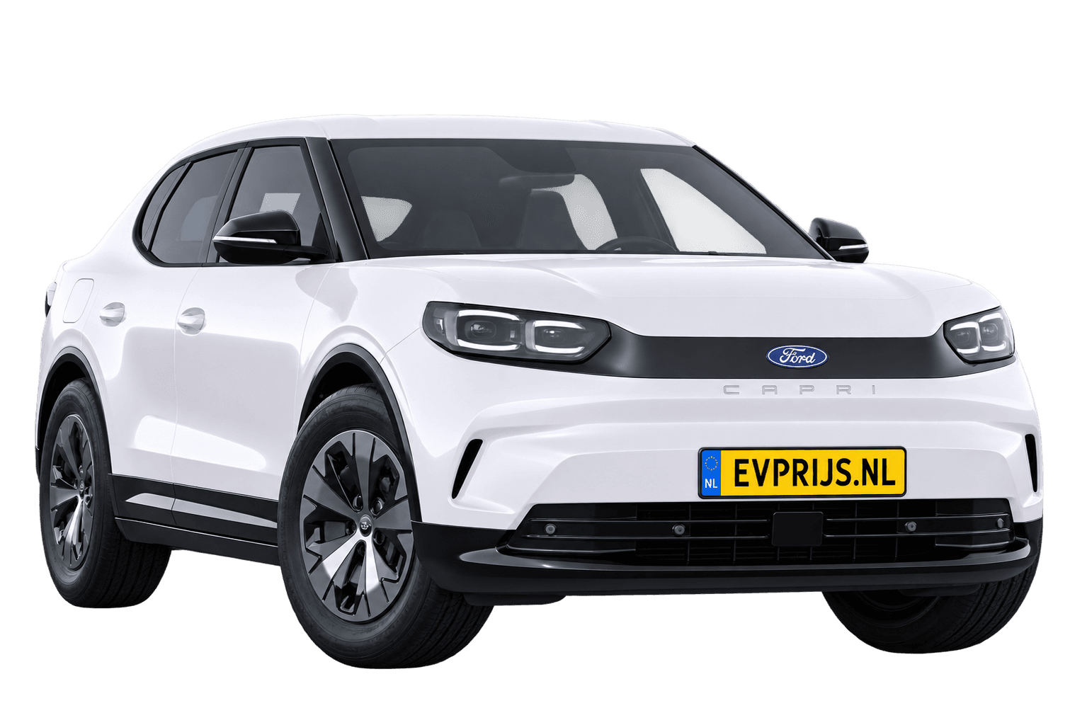 AI-bewerking (Imagegen) van officiële Ford-configuratorrender: Capri voor-/zijaanzicht in Frozen White (configuratorrender Style Standard Range RWD (58 kWh)); uitvoering en velgen kunnen afwijken, beeld 4