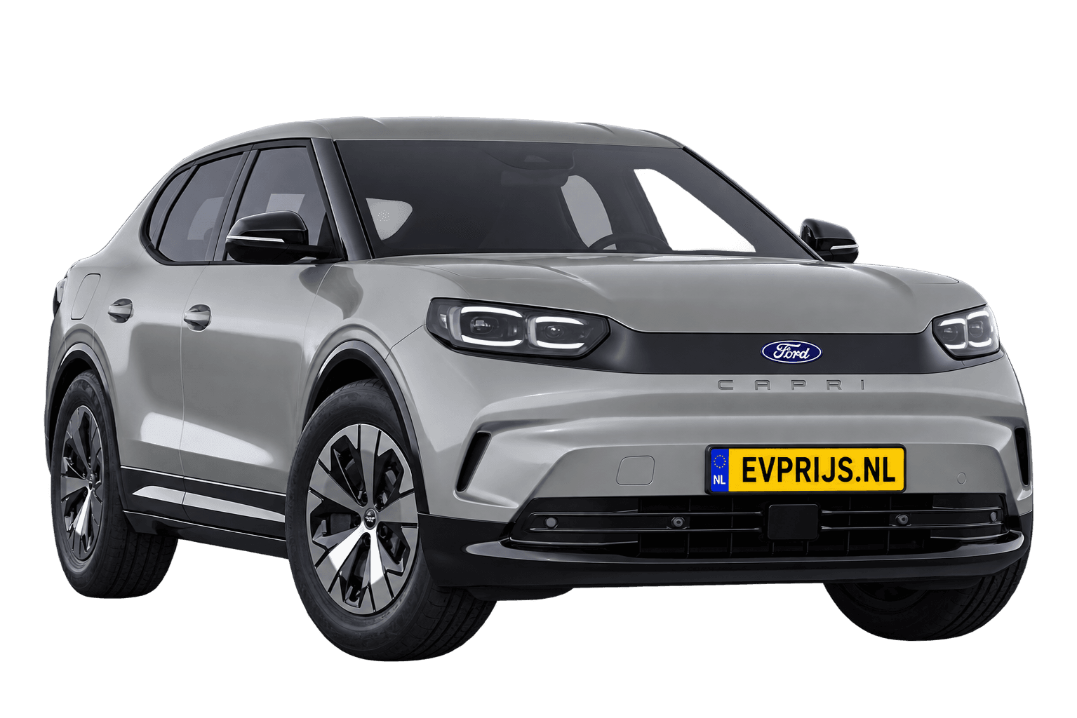 AI-bewerking (Imagegen) van officiële Ford-configuratorrender: Capri voor-/zijaanzicht in Solar Silver (configuratorrender Style Standard Range RWD (58 kWh)); uitvoering en velgen kunnen afwijken, beeld 7