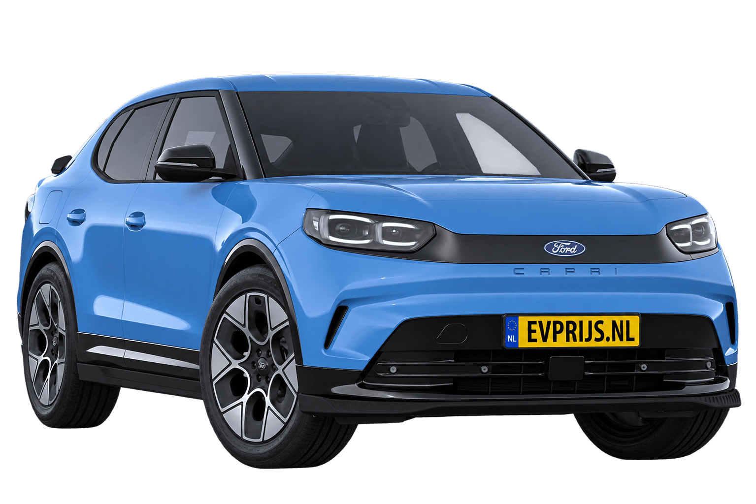AI-bewerking (Imagegen) van officiële Ford-configuratorrender: Capri voor-/zijaanzicht in Tribute Blue (configuratorrender Collection Extended Range RWD (79 kWh)); uitvoering en velgen kunnen afwijken; kleurverzadiging kan afwijken, beeld 3