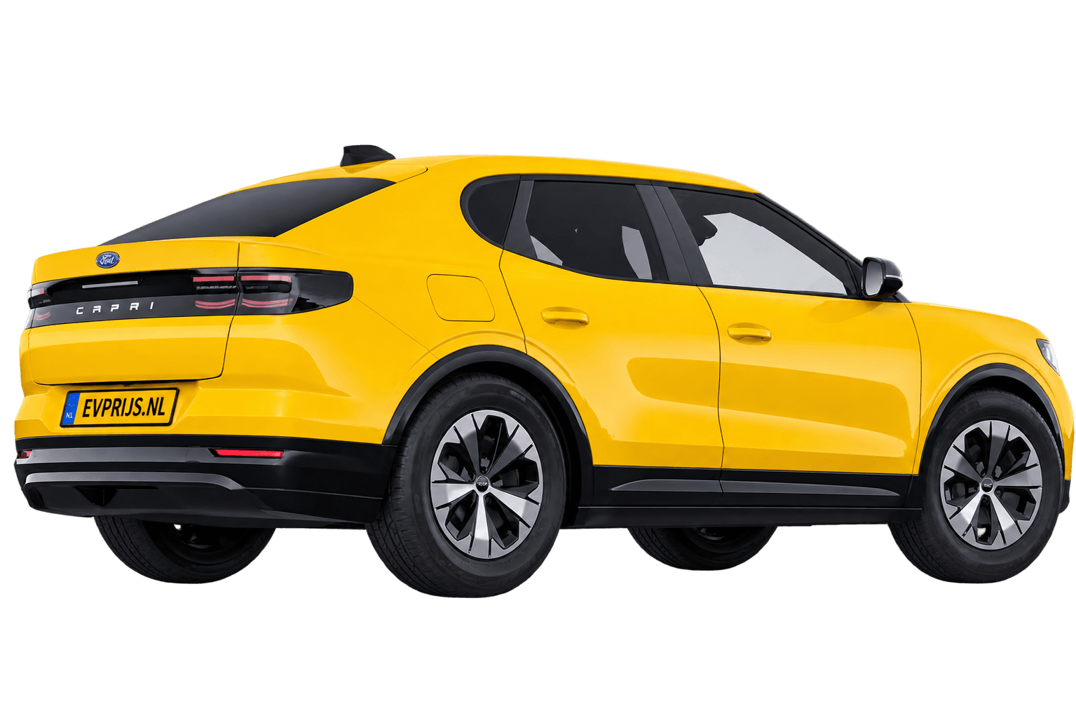 AI-bewerking (Imagegen) van officiële Ford-configuratorrender: Capri achter-/zijaanzicht in Vivid Yellow (configuratorrender Style Standard Range RWD (58 kWh)); uitvoering en velgen kunnen afwijken; kleurverzadiging kan afwijken, beeld 2