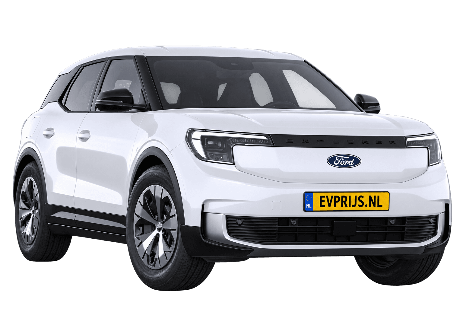 AI-bewerking (Imagegen) van officiële Ford-configuratorrender: Explorer voor-/zijaanzicht in Frozen White (configuratorrender Style Standard Range RWD (58 kWh)); uitvoering en velgen kunnen afwijken, beeld 4