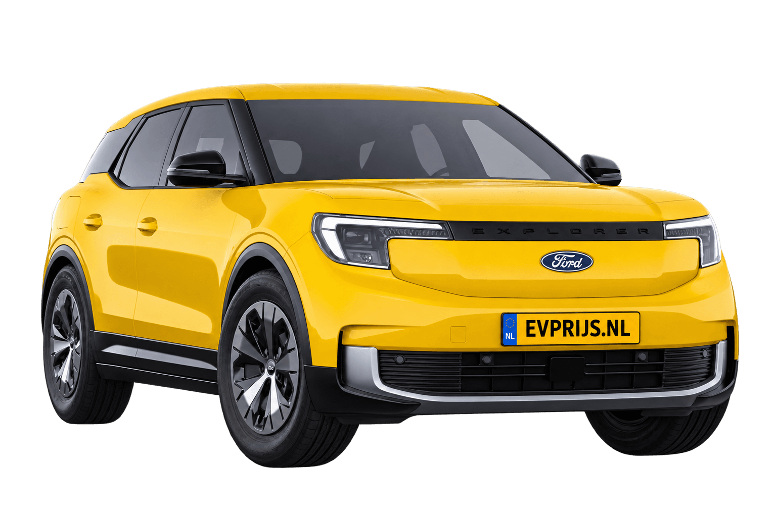 AI-bewerking (Imagegen) van officiële Ford-configuratorrender: Explorer voor-/zijaanzicht in Vivid Yellow (configuratorrender Style Standard Range RWD (58 kWh)); uitvoering en velgen kunnen afwijken, beeld 3