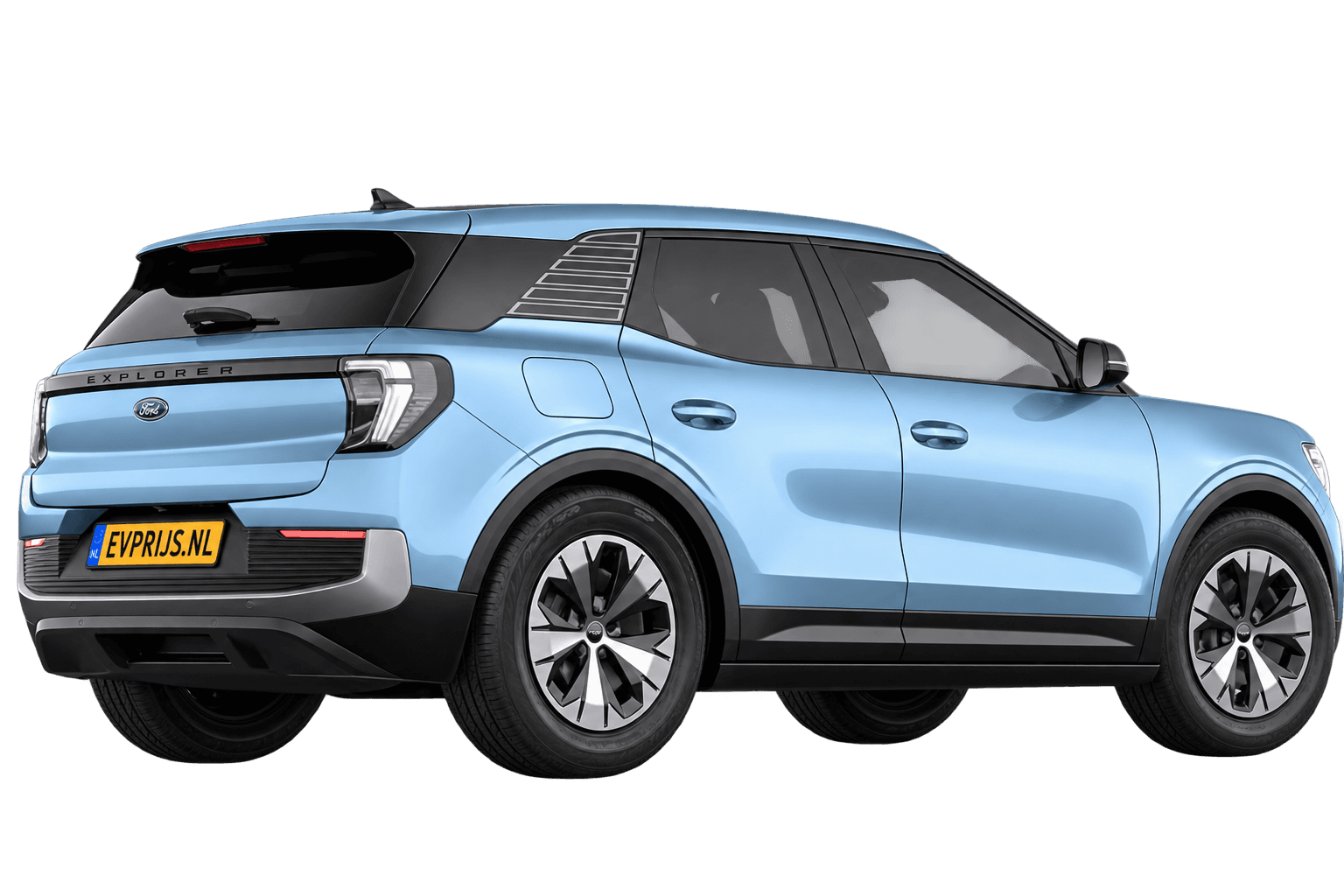 AI-bewerking (Imagegen) van officiële Ford-configuratorrender: Explorer achter-/zijaanzicht in Arctic Blue (configuratorrender Style Standard Range RWD (58 kWh)); uitvoering en velgen kunnen afwijken, beeld 2