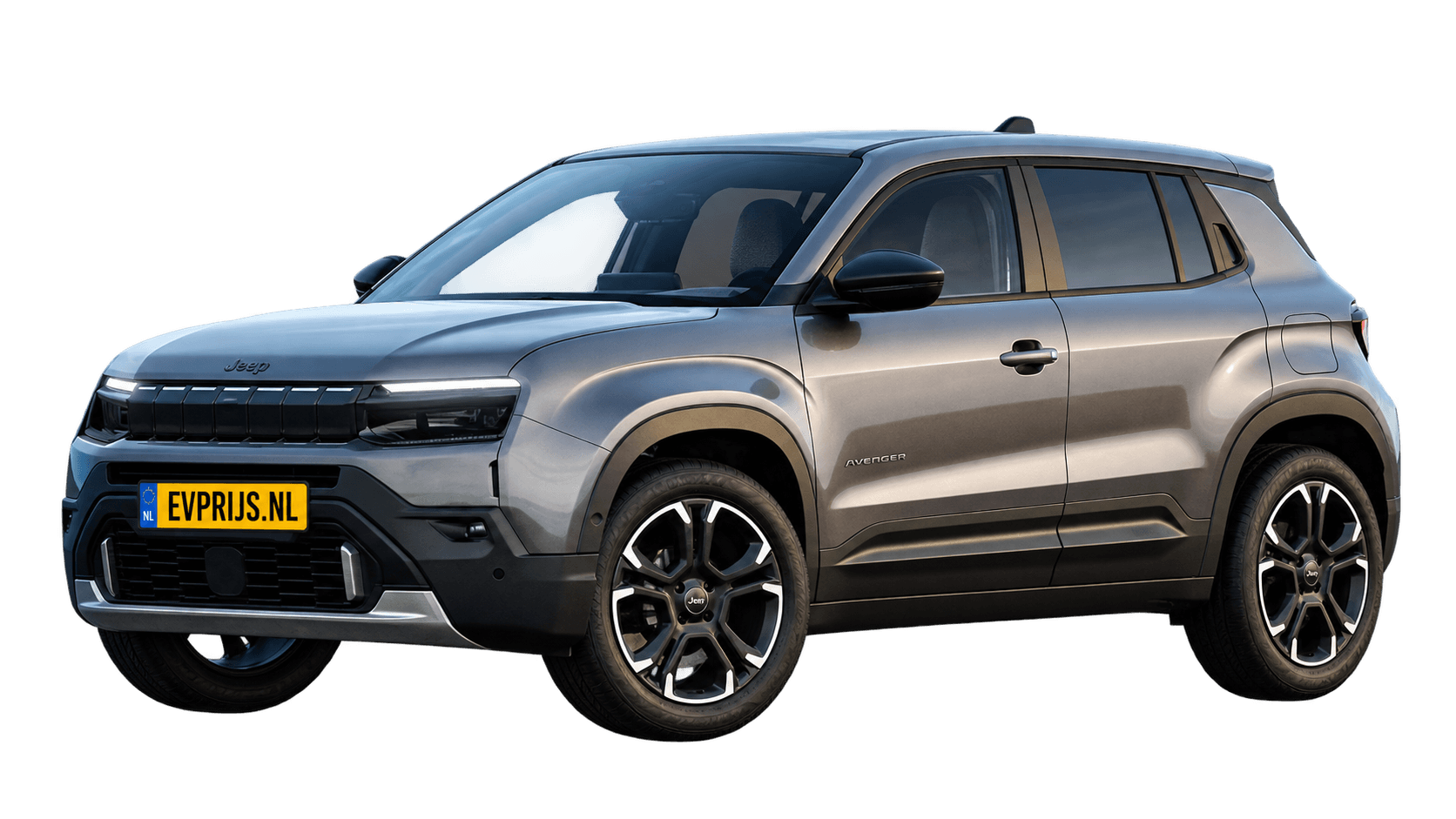 AI-bewerking (Imagegen) van officiële Jeep-configuratorrender: Avenger voor-/zijaanzicht in Granite Grey (configuratorrender Full Electric Summit, voor-/zijaanzicht); velgen en details kunnen per uitvoering afwijken, beeld 9
